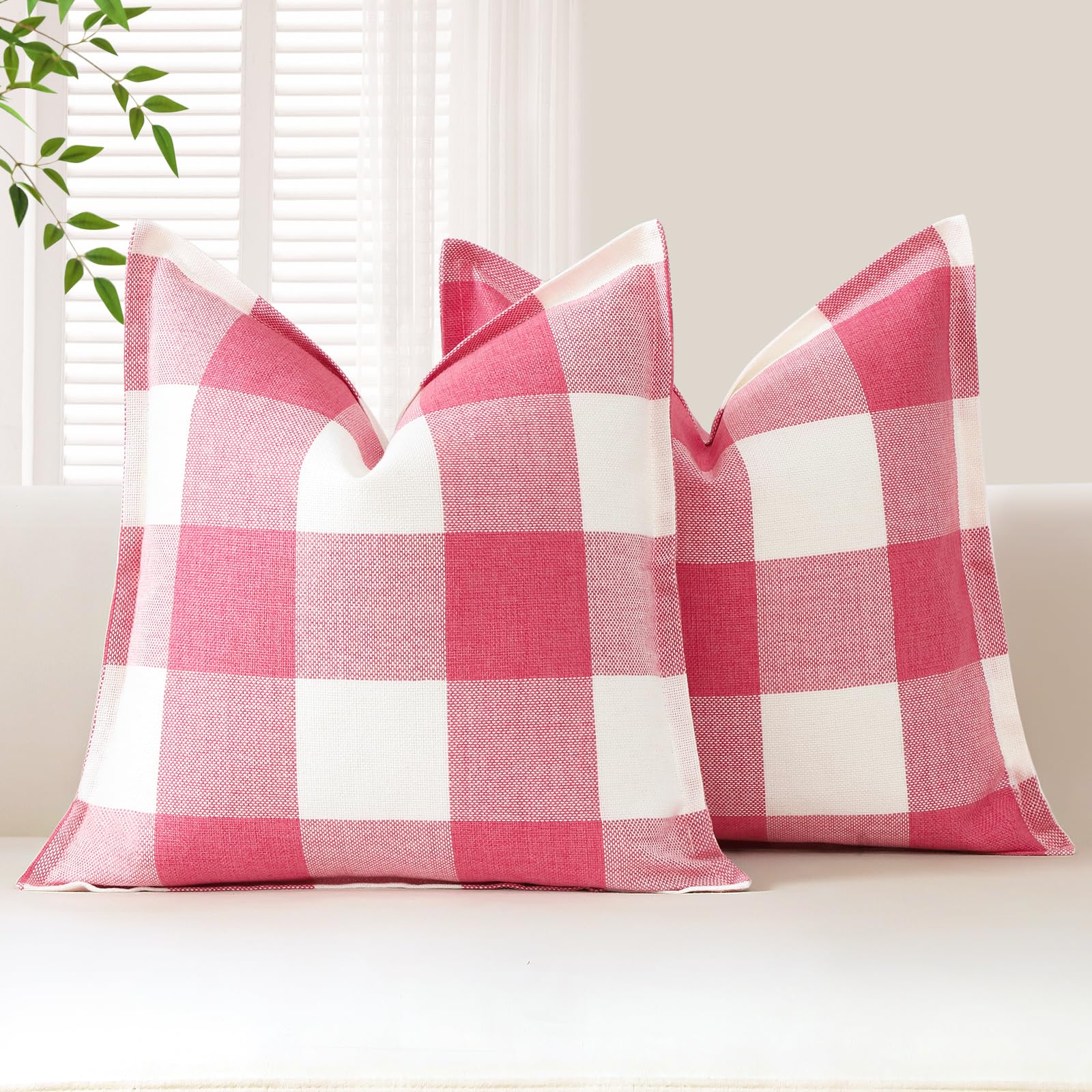 Sungeek Buffalo Check Plaid Cushion Covers 60 x 60 Set of 2 Linen Christmas Tartan Decorative Square Pillow Covers with Stitched Edge for Sofa Couch Bed Living Room 24x24 Inch (Pink)