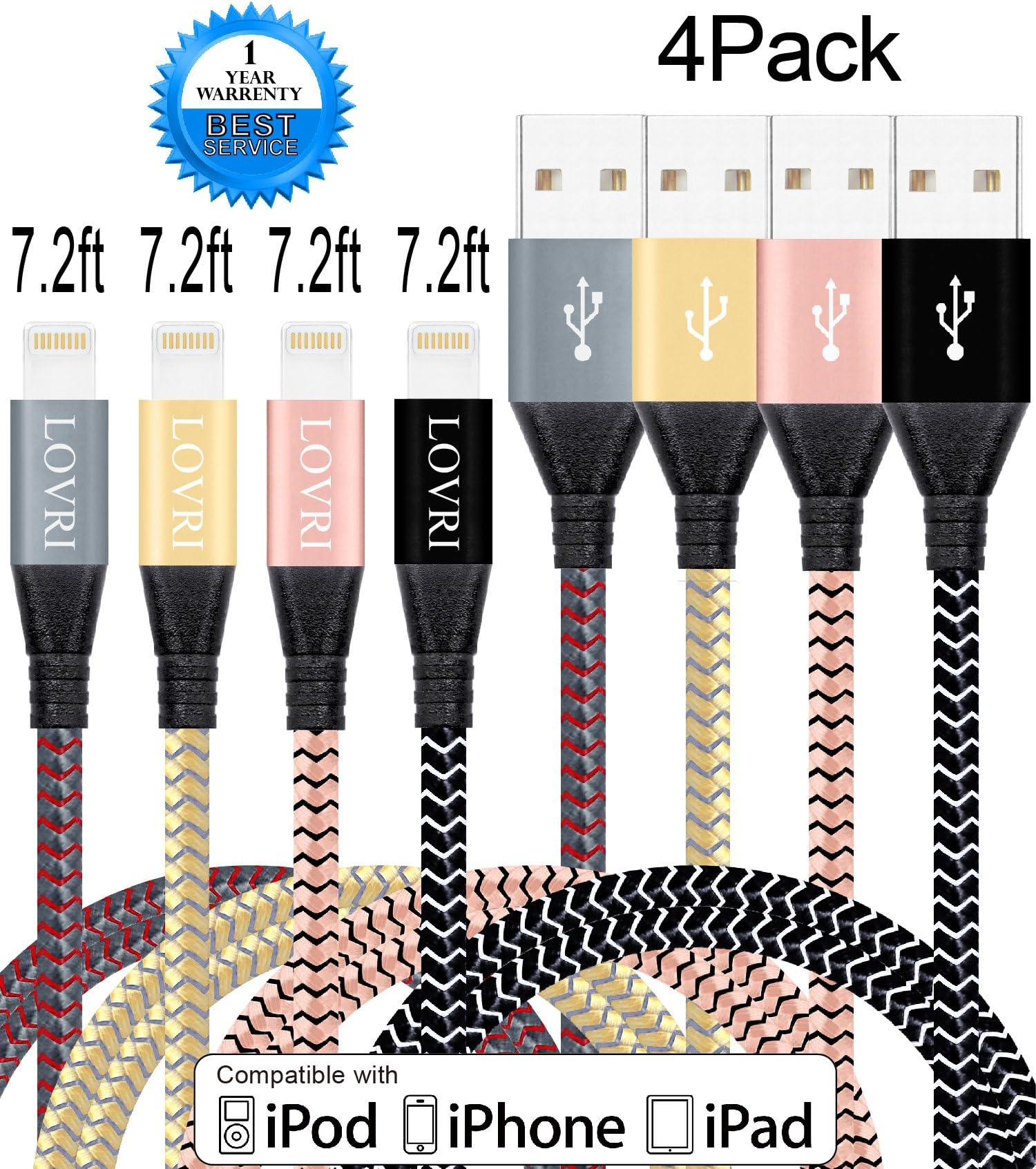 LOVRI 4 Pack 2.2M Extra Long Lightning Cable Nylon Braided Lightning to USB Charging Cord Charger for iPhone 7, 7 plus, 6s,6, 6plus,6s plus, iPhone 5s 5 5c SE, iPad & iPod (4 pcs different colors)