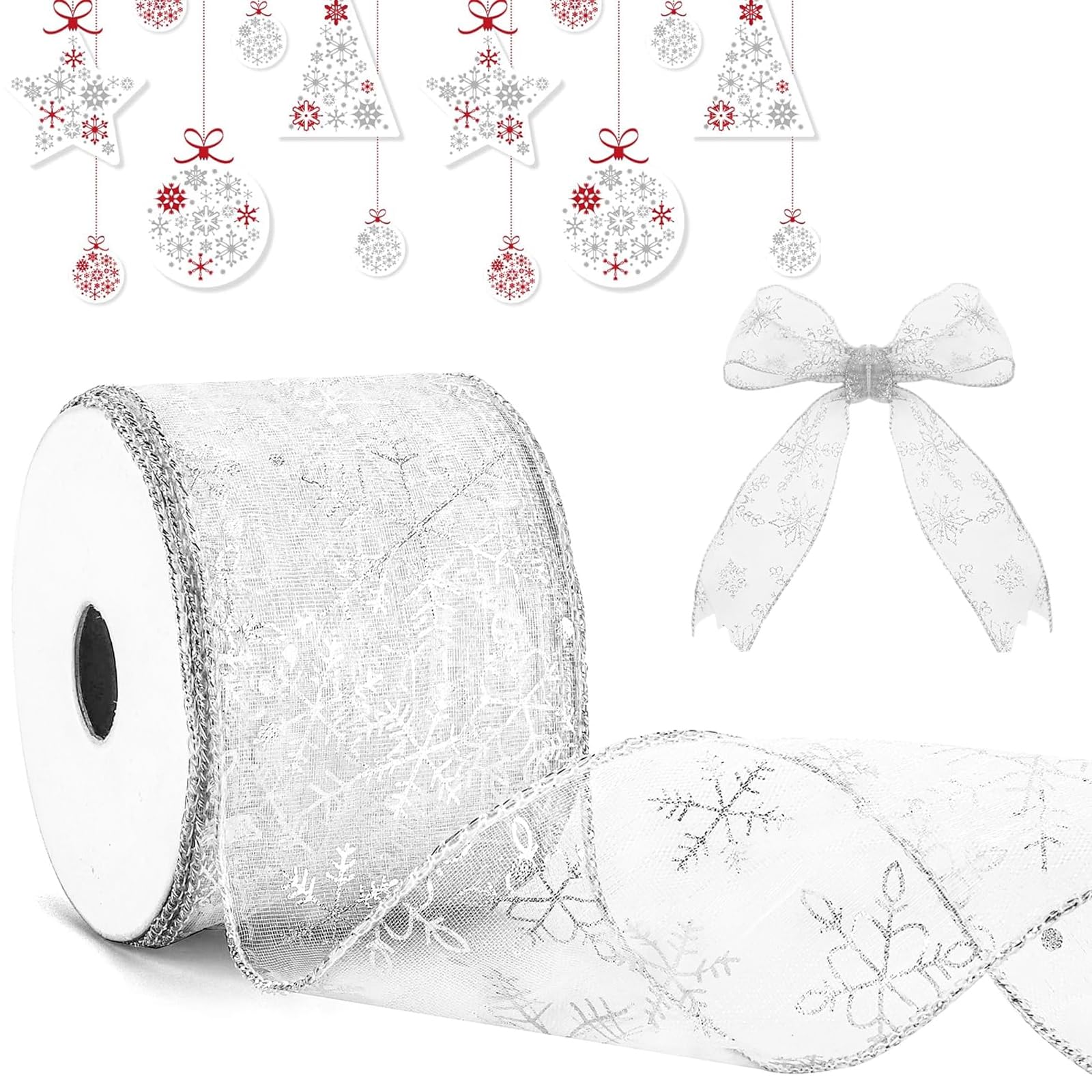 Glitter Snowflake Organza Ribbon Wired, Silver for Christmas Tree Wrapping Gift DIY Crafting (2.5 in x 9.8 Yd)