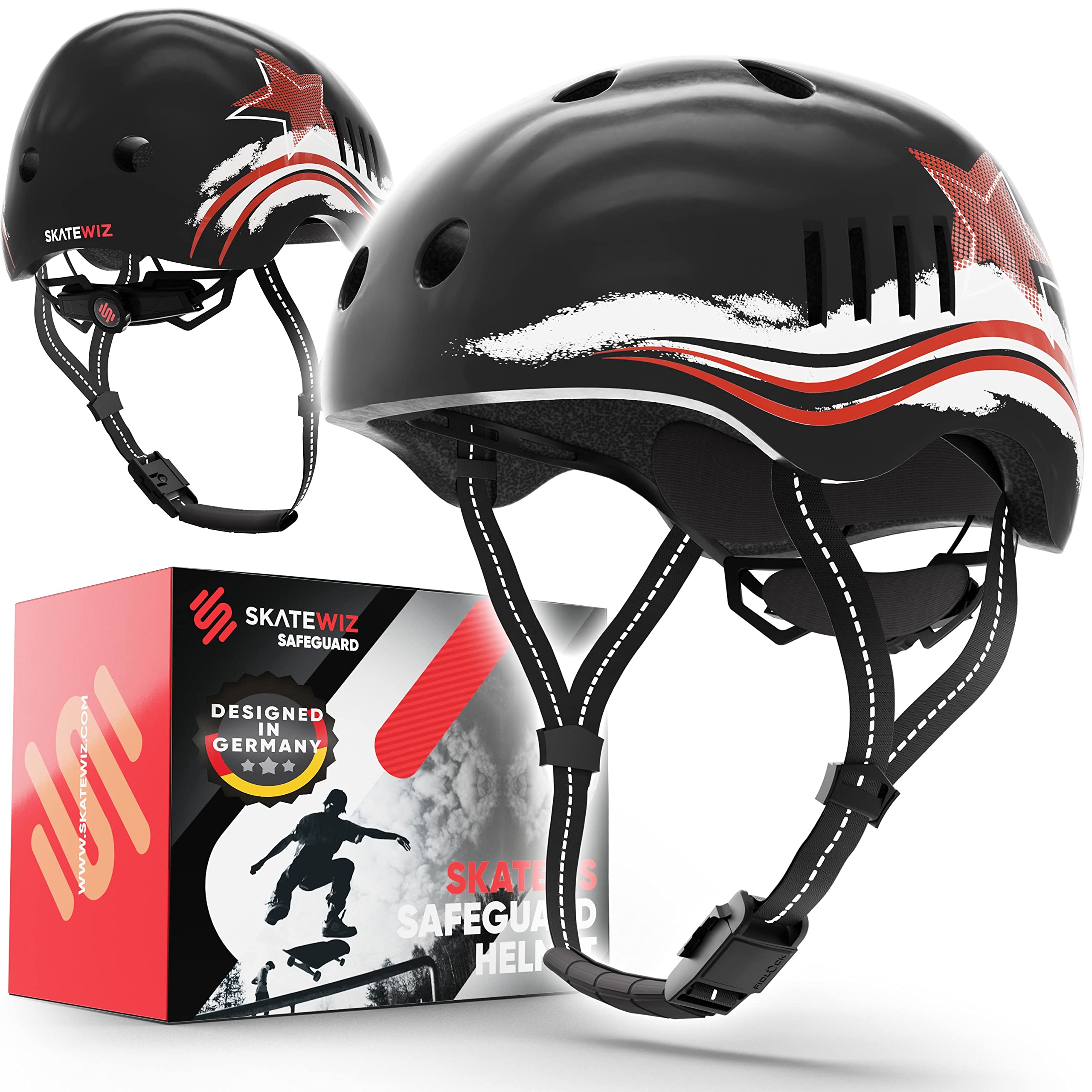 SKATEWIZ Kids Helmet - BMX, Scooter, Skateboard & Bike Helmet - Ages 8-12, Size S in Black-Red Star