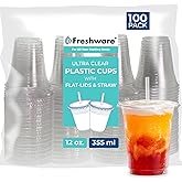 Freshware 12 oz Clear Disposable Plastic Cups with Flat Lids and Straws, 100 Pack Clear Plastic Cups Tumblers, Heavy-duty Party Glasses, Disposable Cups for Thanksgiving, Halloween, Christmas Party