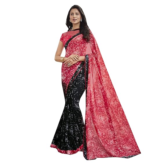 Peach and Black Pure Georgette and Chiffon Printed Saree [UTSAV9001SSSR001]