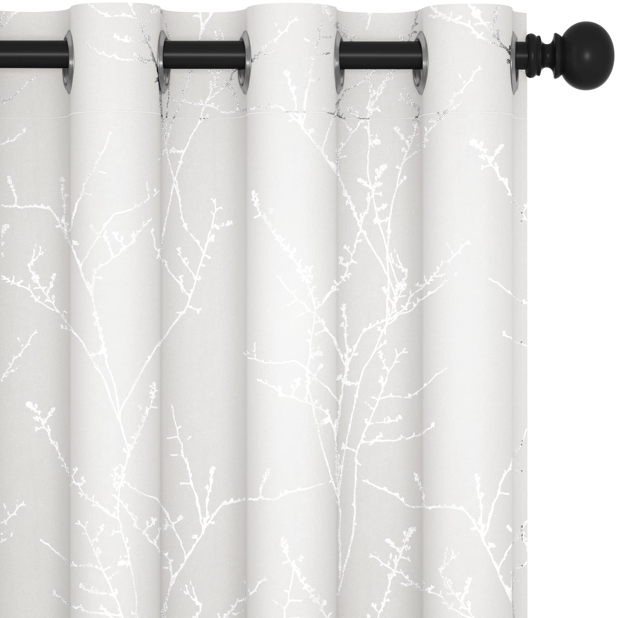 Deconovo Bedroom Curtains 84 Inch Drop, Door Thermal Room Darkening Soft Tree Branches Printed Eyelet Curtains for Living Room, Silver Grey, 52 x 84 Inch (W x L), 2 Panels