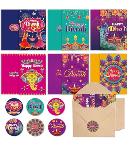 KYMY Diwali Greeting Cards - 12 Set Festival Of Lights Cards With Envelopes & Stickers