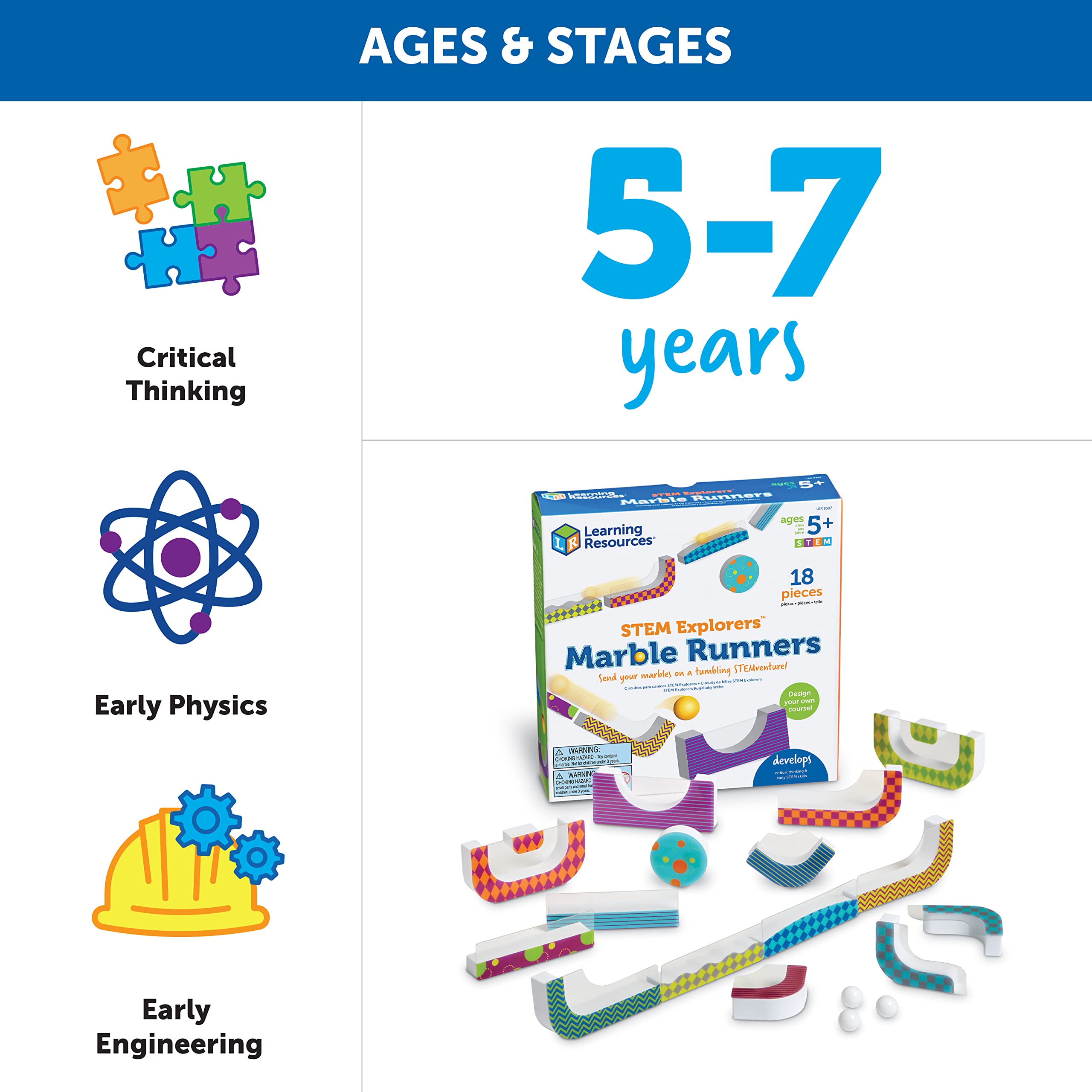 Learning Resources STEM Explorers Marble Runners - 18 Pieces, Ages 5+ STEM Toys and Activities for Kids, Brain Teaser Toys and Games, Kindergarten Games