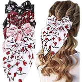 4 Pcs Flower Print Hair Bow Large Hair Bow Clips Long Tail Silk Bowknot Decoration for Women Girls Holiday Birthday Party Accessories