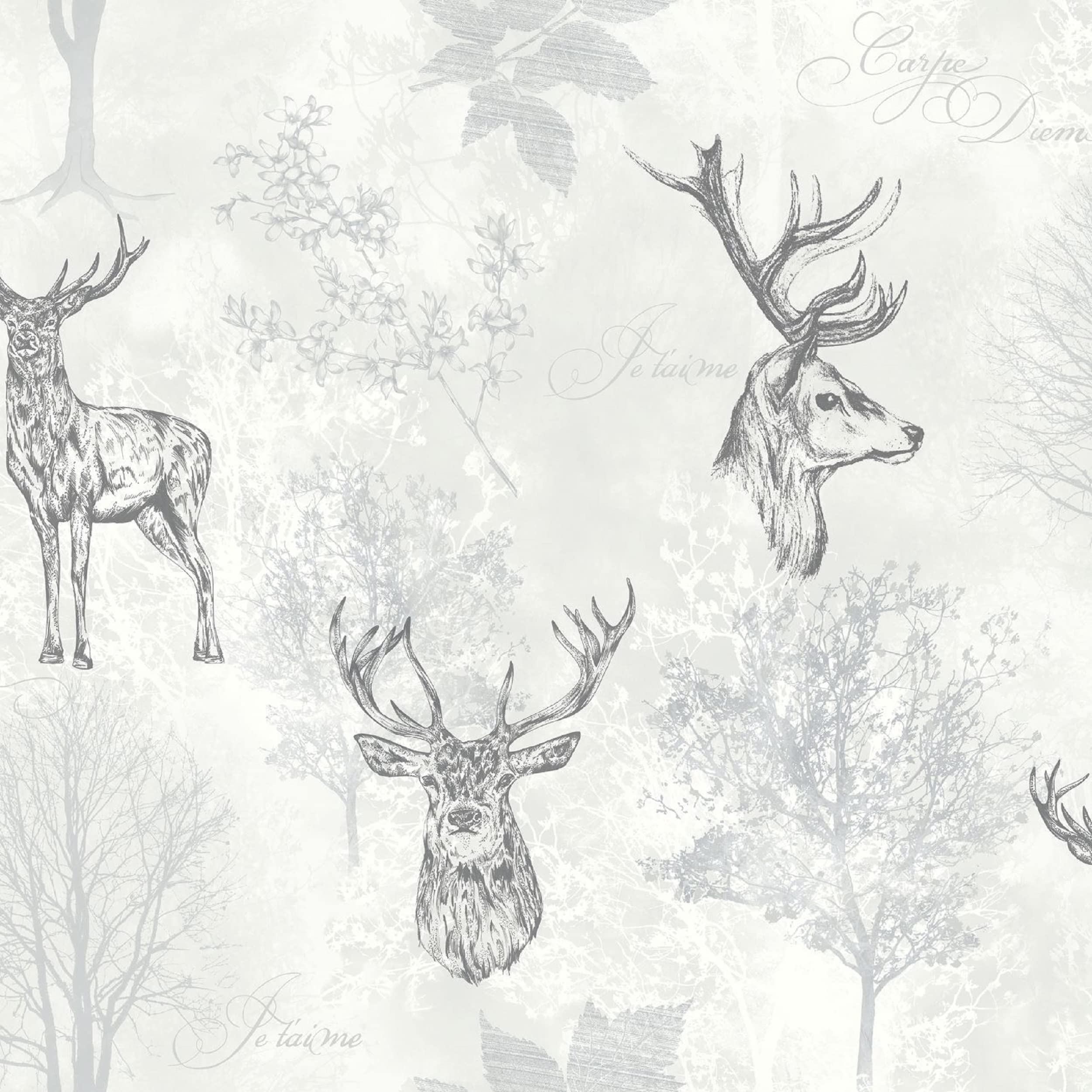 Arthouse Stag Mono Black Wallpaper - Etched Stag Designs - Textured Finish to Add Interest, Accentuated with a Hint of Metallic for Eye Catching Style - Beautiful Monochrome Colour Scheme - 901808