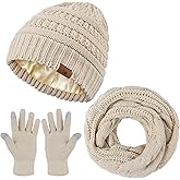 KUTTOR Winter Beanie Hat Scarf Gloves Set Warm Knit Fleece Touchscreen Gloves Neck Scarf Set Adult Winter Gift for Men Women
