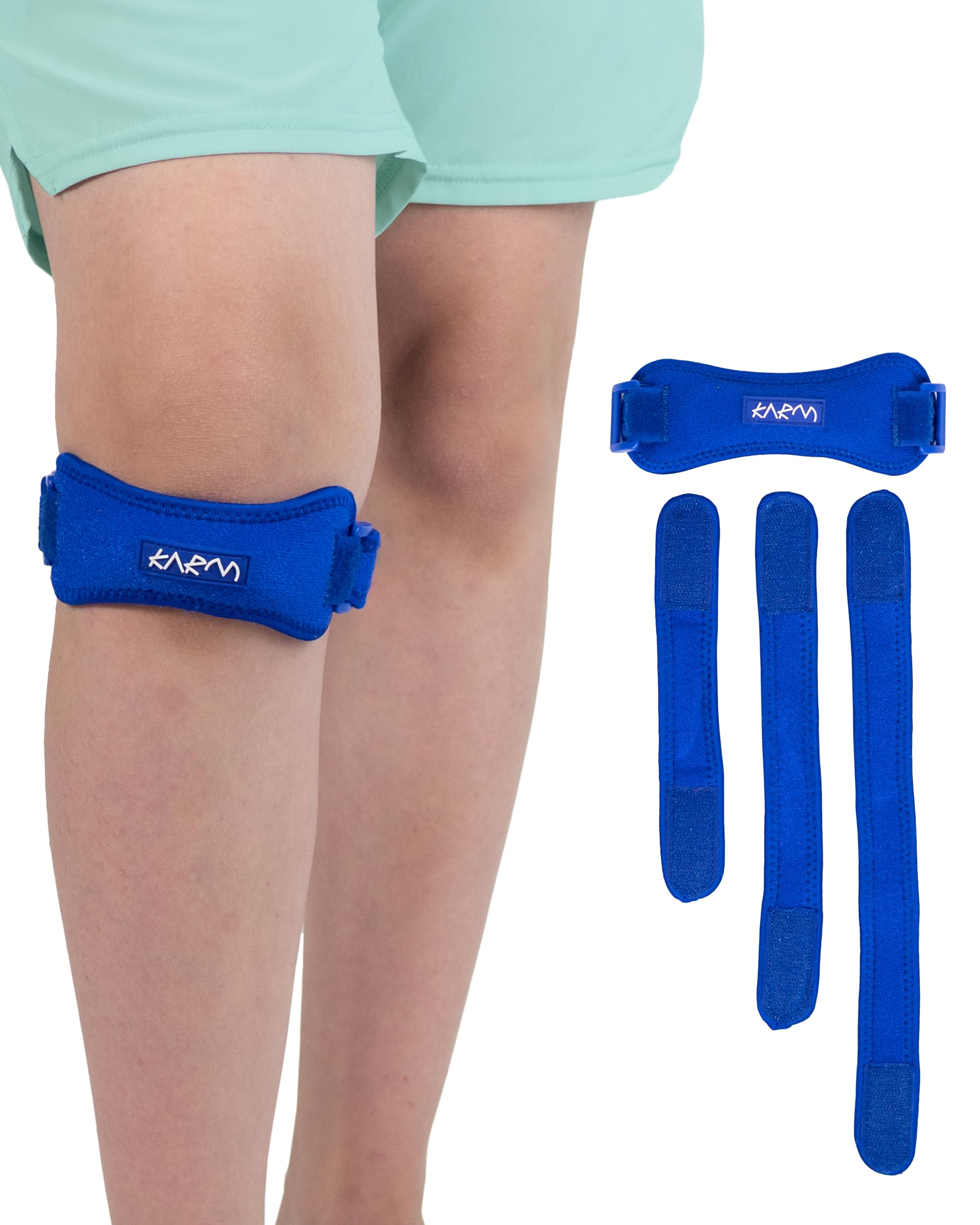 KARM Kids Knee Support Strap - Childs Knee Support Brace for Girls & Boys - Junior Teenager Patella Knee Strap Band (1pc, Blue)