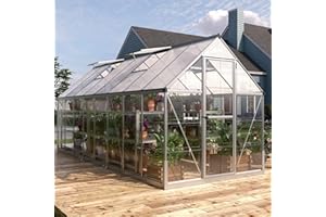 PAPABABE 6x12 FT Hybrid Polycarbonate Greenhouse with 2 Vent Window Lockable Hinged Door Walk-in Hobby Greenhouse Aluminum Sun House for Outdoor Sun Room, Silver