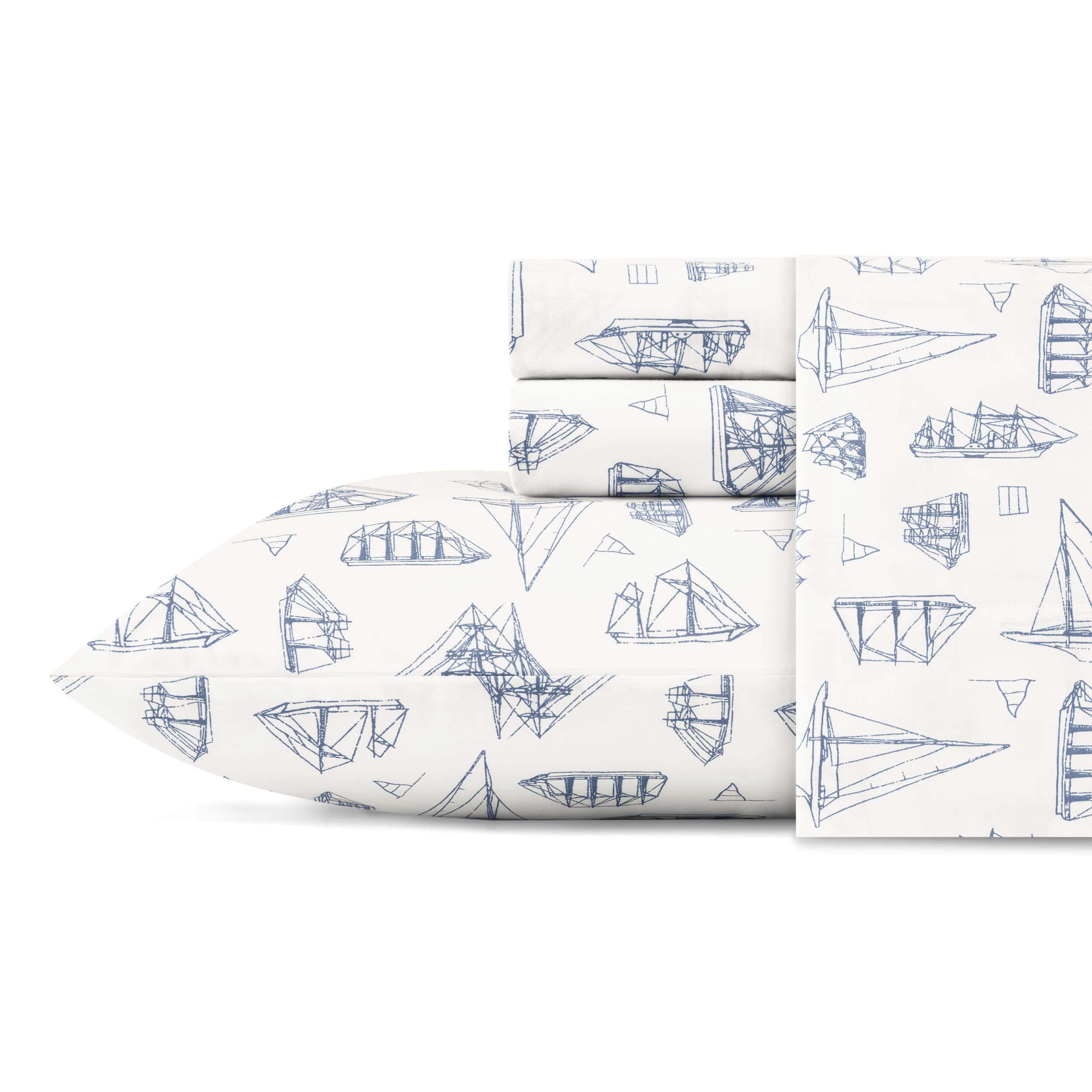 Nautica - Twin XL Sheets, Cotton Percale Bedding Set, Coastal Home Decor, Dorm Room Essentials (Whitewood Sail Blue, Twin XL)