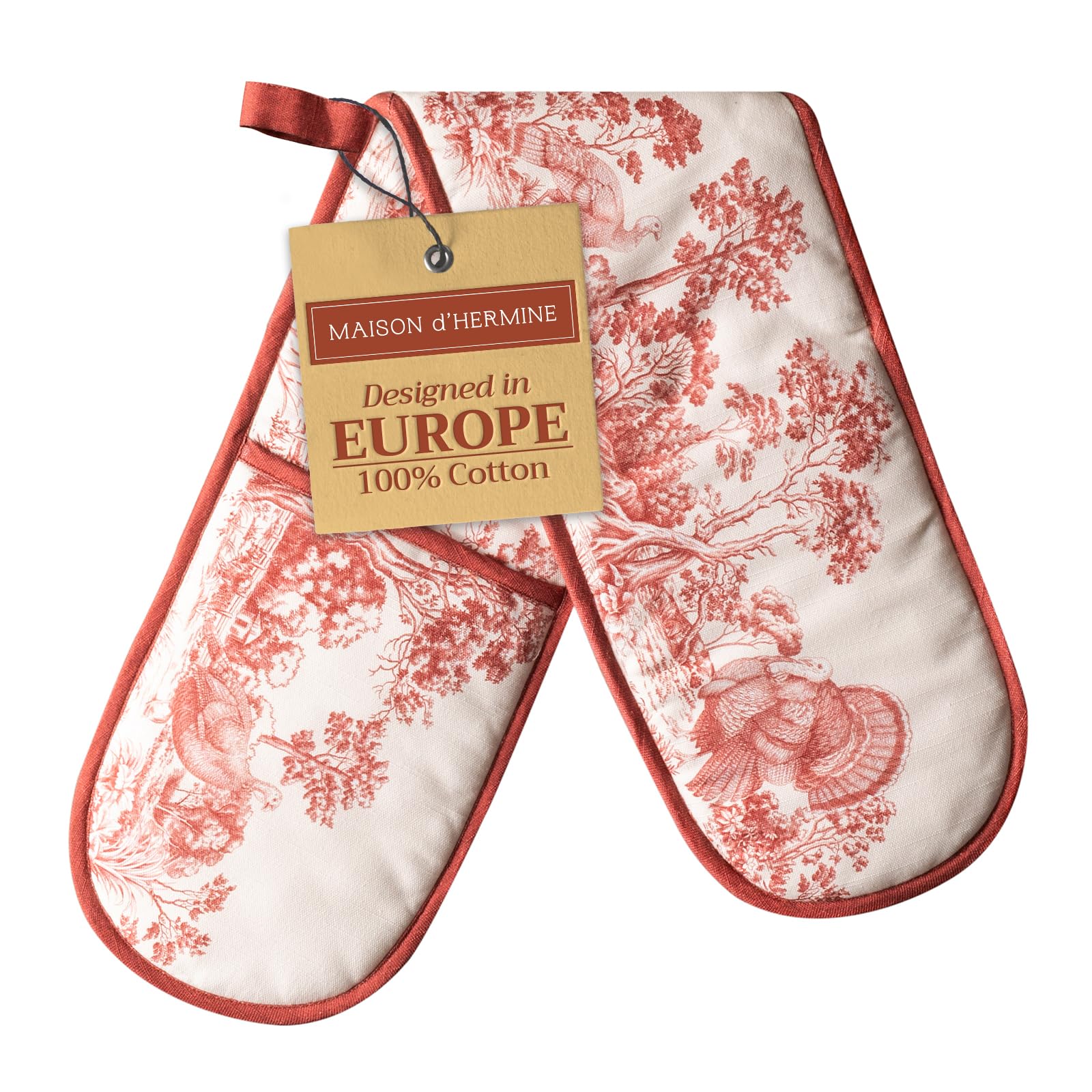 Maison d' Hermine Double Oven Mitt (7" x 35") 100% Cotton Heat Resistant BBQ Cooking Gloves with Loop for Thanksgiving Christmas Decorations Baking Cooking Barbeque Handling Hot Pan (Holy Jouy - Red) Image