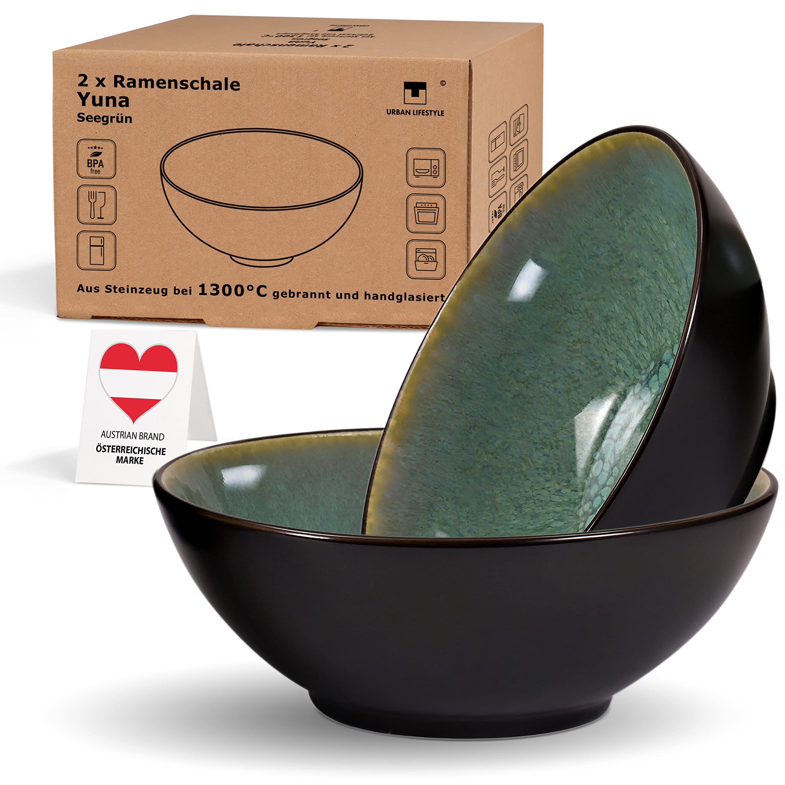 Urban Lifestyle Large Ramen Bowl Set of 2 Ceramic Ramen Bowl 8" 33-35OZ(900-1000ml) Soup Bowls Japanese Bowl Set Salad Bowl Pho Soup Bowl Cereal Bowls(Green)