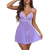 Rigeri Sexy Lingerie For Women V Neck See Through Lingerie Dress Lace Comfy Sleepwear Sexy Nightgown with Thong S-XXL