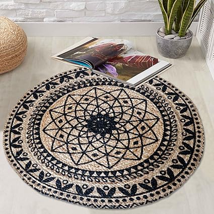 The Home Talk Printed Round Rangoli Jute Braided Doormat, 90cm Diameter(Beige and Black)
