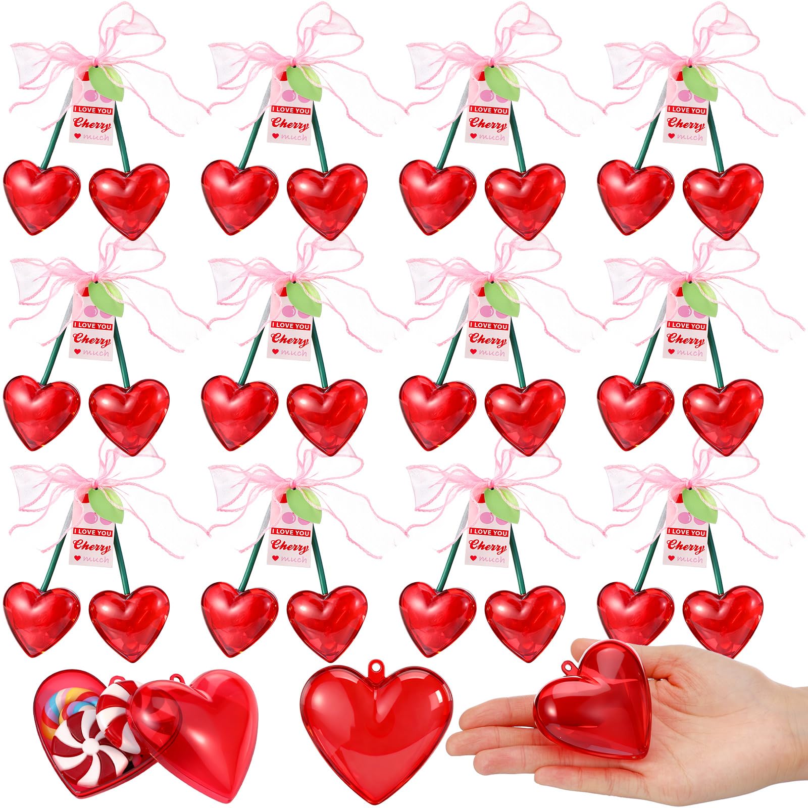 Photo 1 of AceOrbit 12 Pcs Valentine's Day Cherry Plastic Heart Containers 4.7 Inch Red Cherry Shaped Filled Gift Candy Box with Cards Bow Valentine Hanging Ornament for Wedding Party Favor Exchange Supplies