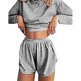 JUSTFASHIONNOW Womens Pajama Sets Striped Two Piece Lounge Sets Long Sleeve Top and Split Shorts Print Sleepwear Comfy Pjs