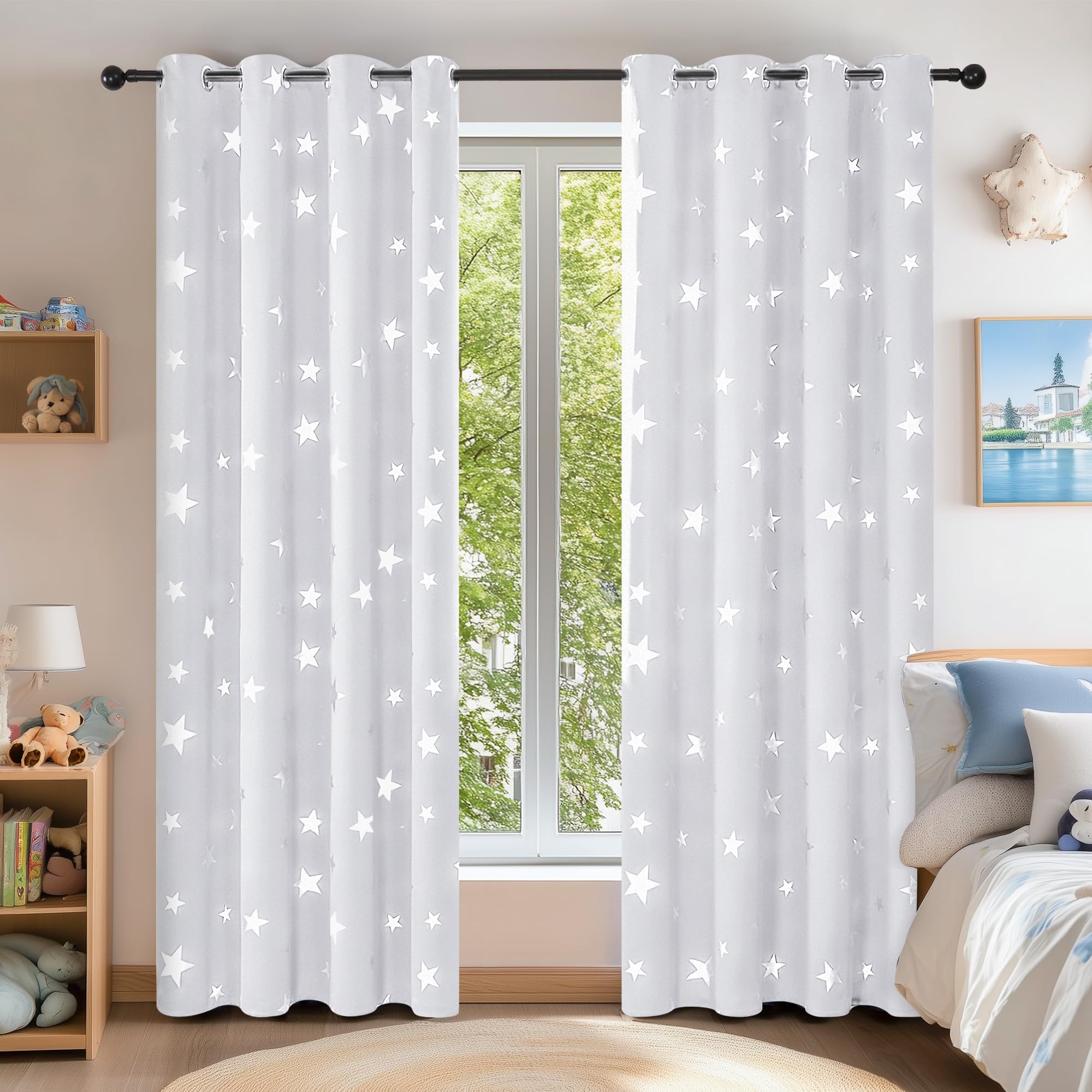 Deconovo Super Soft Foil Star Printed Thermal Insulated Grey Curtains Eyelet Room Darkening Curtains for Bedroom Silver Grey W55xL70 Inches 2 Panels — image 1