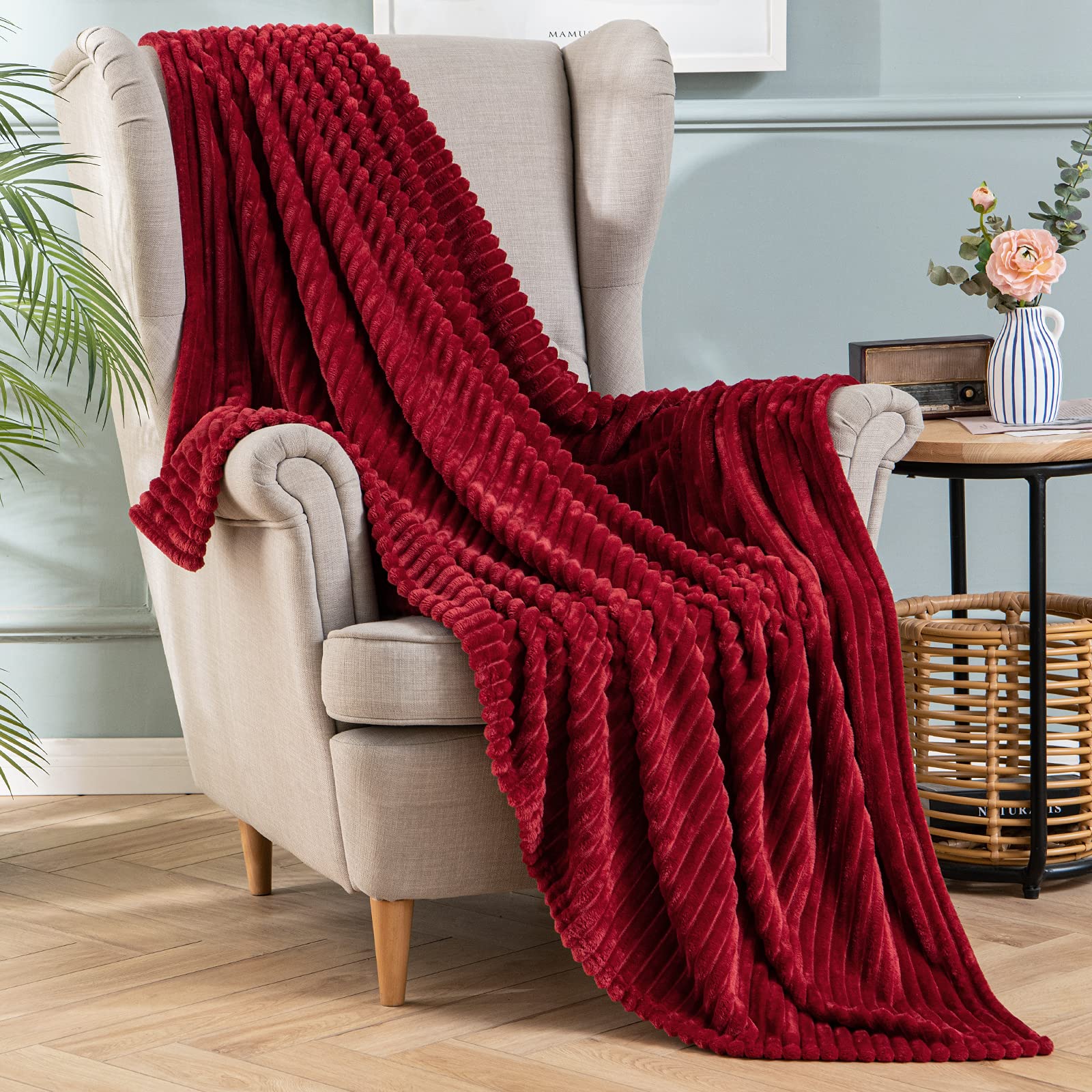 MIULEE Flannel Fleece Throw Blankets Soft Warm Comfortable Throws for Sofa Corduroy Fluffy Blanket Bed Throw for Bedroom Couch Travel Kids Bedroom Accessories 60x80Inch Wine-red — image 1