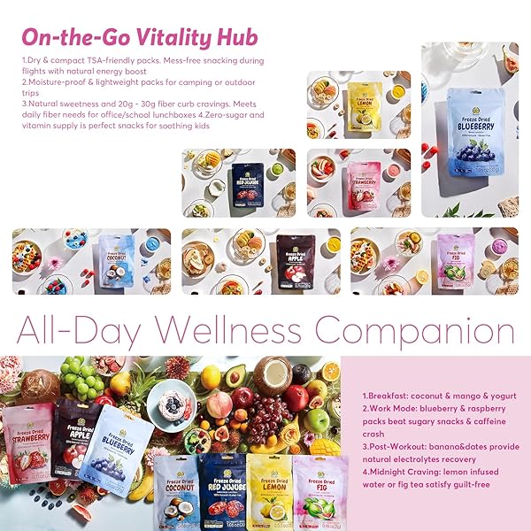SUNGIVEN FREEZE DRIED FRUIT MIXED FOR BEAUTY, VARIETY PACK OF 12 BAG, 7 KINDS OF FRUIT, HEALTH SNACK, RICH IN VITAMINS, APPLE STRAWBERRY BLUEBERRY LEMON COCONUT FIG RED-DATES, NO SUGAR ADDED, 9.7 OZ