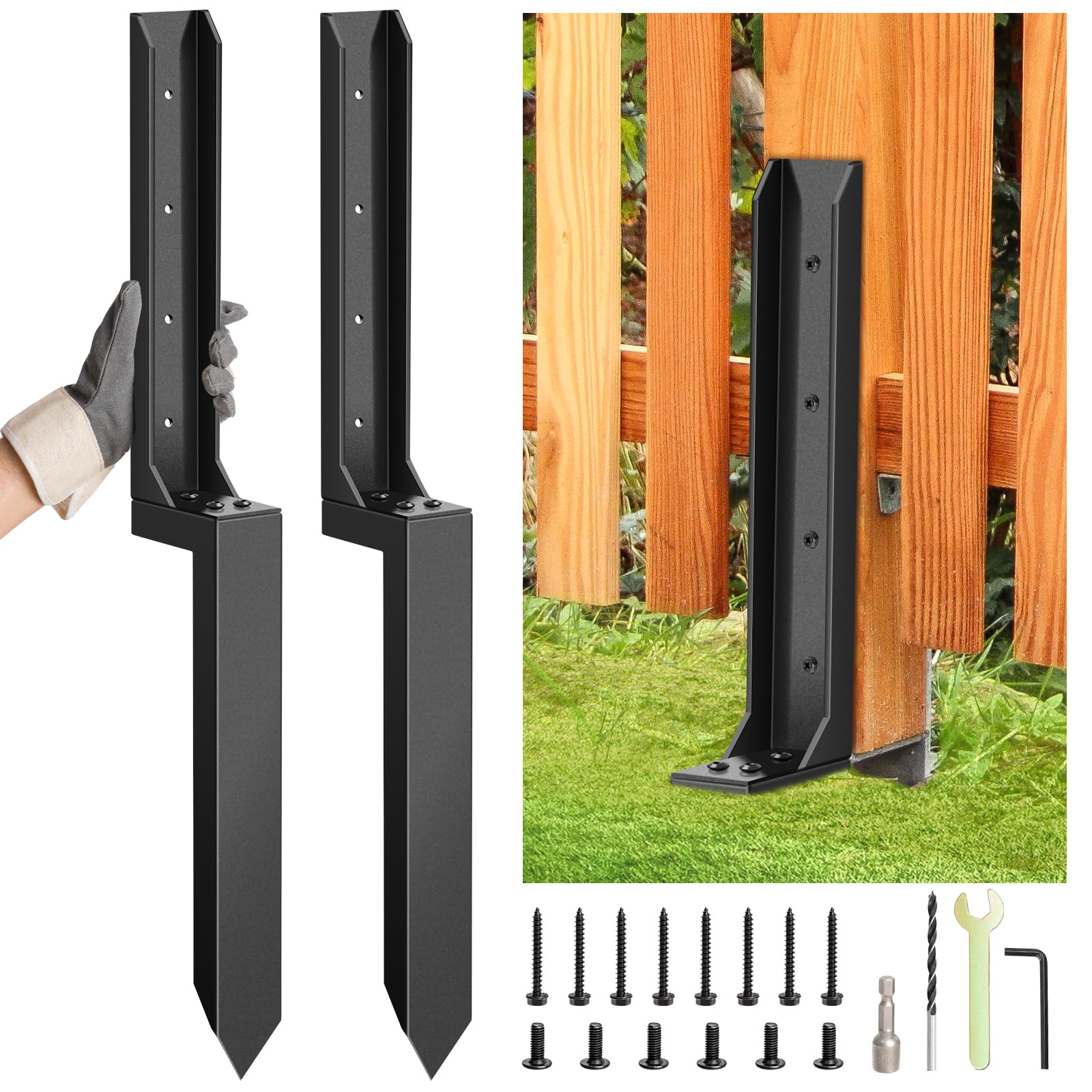 Photo 1 of 2 Pcs Fence Post Repair Kit, Heavy Duty Fence Post Anchor Ground Stakes for Repair Tilted, Broken Wood Support