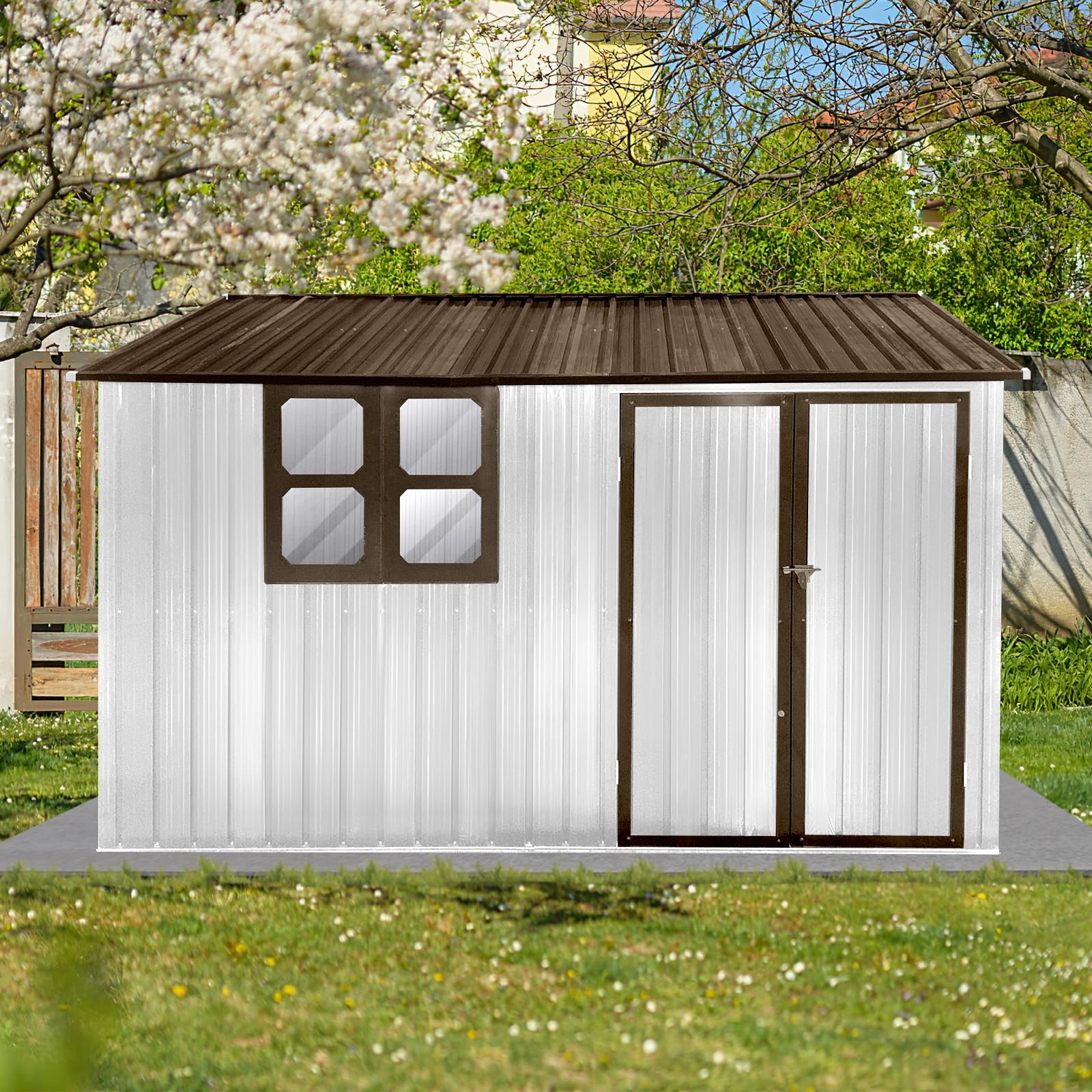 Photo 1 of ***PARTIAL SET*** Ball & Cast 10x8 FT Sheds & Outdoor Storage,Metal Garden Shed with Window,Waterproof Cabinet Foldable House W/Lockable Doors and Roofs,for Storing Bicycles,Lawnmowers,Barbeques,White+Coffee