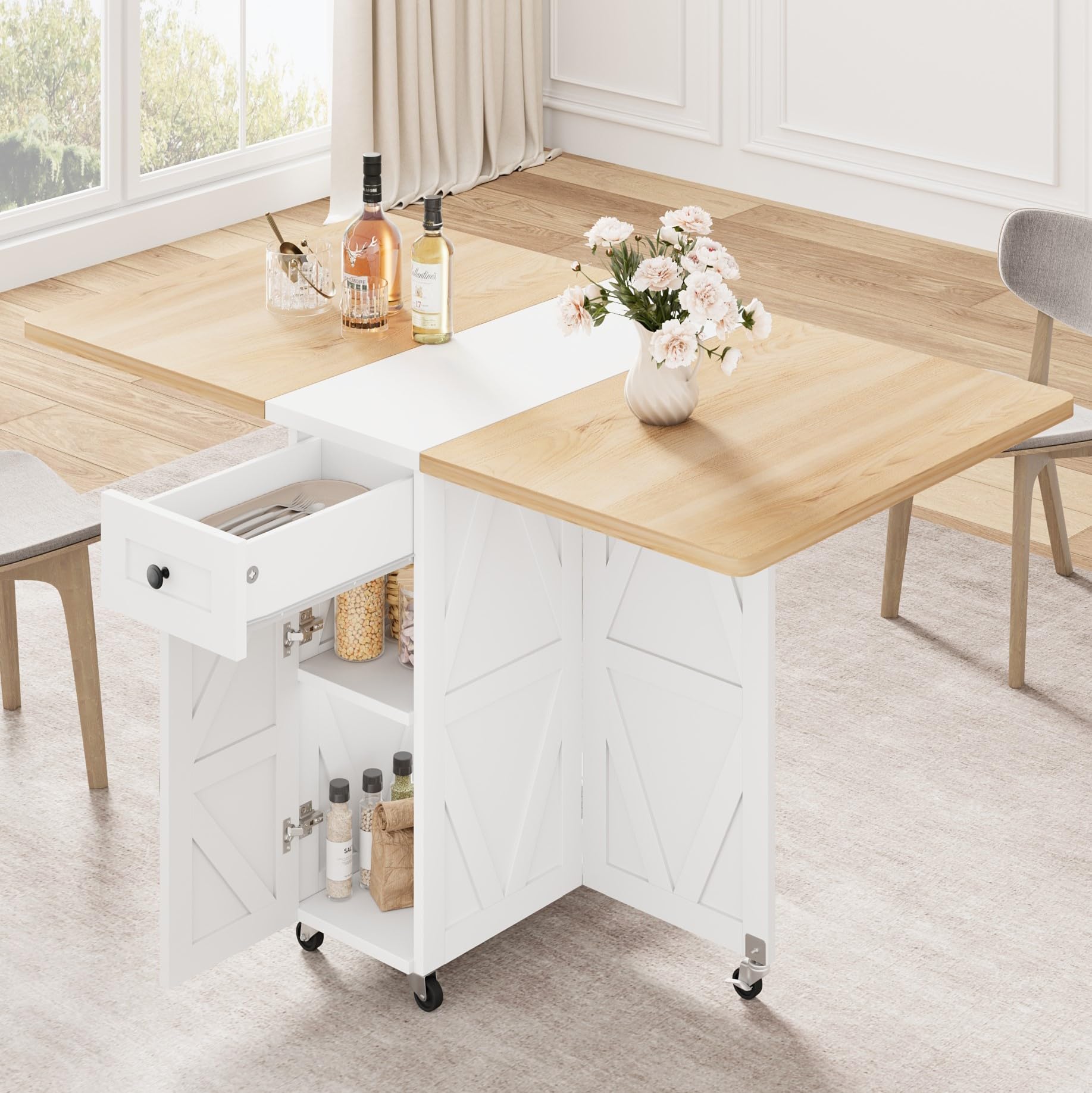 Photo 1 of Space Saving Folding Dining Table, Farmhouse Foldable Dining Table with Drawer and 2-Layer Storage Shelf, 6 Wheels Multipose Expandable Kitchen Drop Leaf Table for Small Space (Pear Wood White)