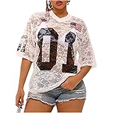 Verdusa Women's Lace Floral Graphic Jersey Shirts Sheer Half Sleeve V Neck Number Shirt
