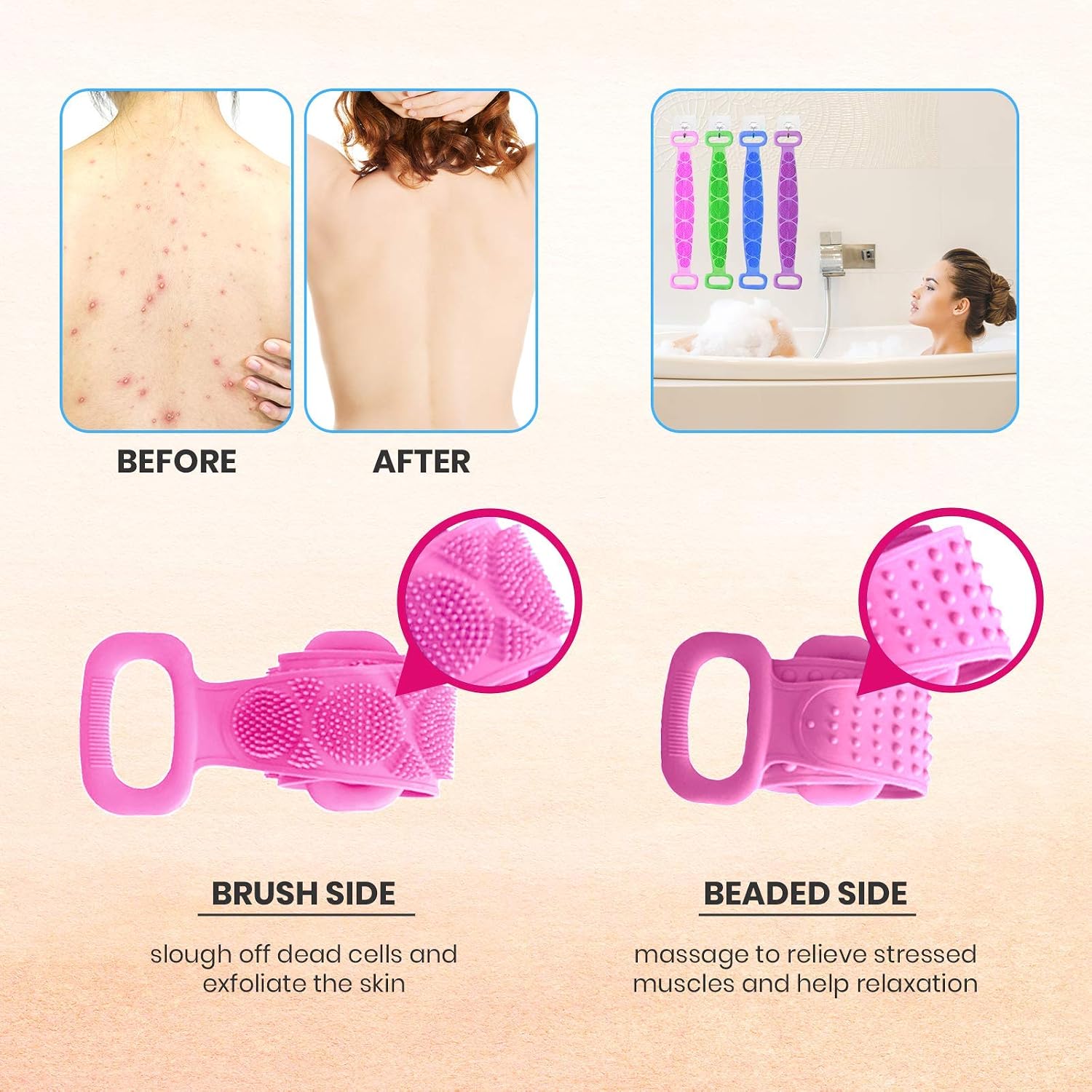 Wremedies for Easier Living Silicone Dual Sided Back Scrubber Body Wash Shower Exfoliating Deep Clean Massage Cleansing Pad Scrub Back Acne Bath Cleanser Ideal for Men and Women (Pink) - Image 4