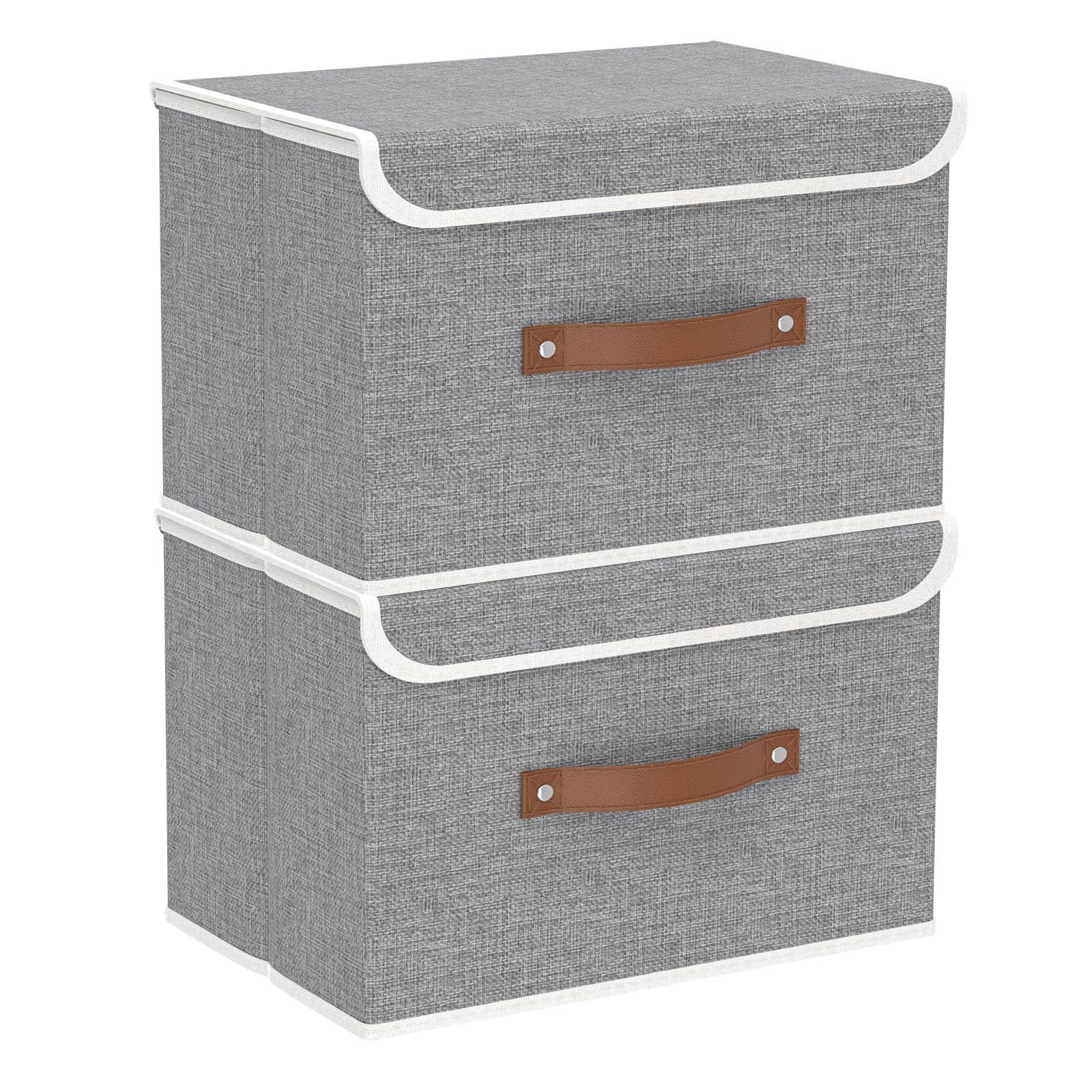 Yawinhe Collapsible Storage Box, Fabric Bin with Lids 2 Pack, Closet Baskets with Handle, for Organizing Clothes, 38x25x25cm, Grey, SNK018GY-2
