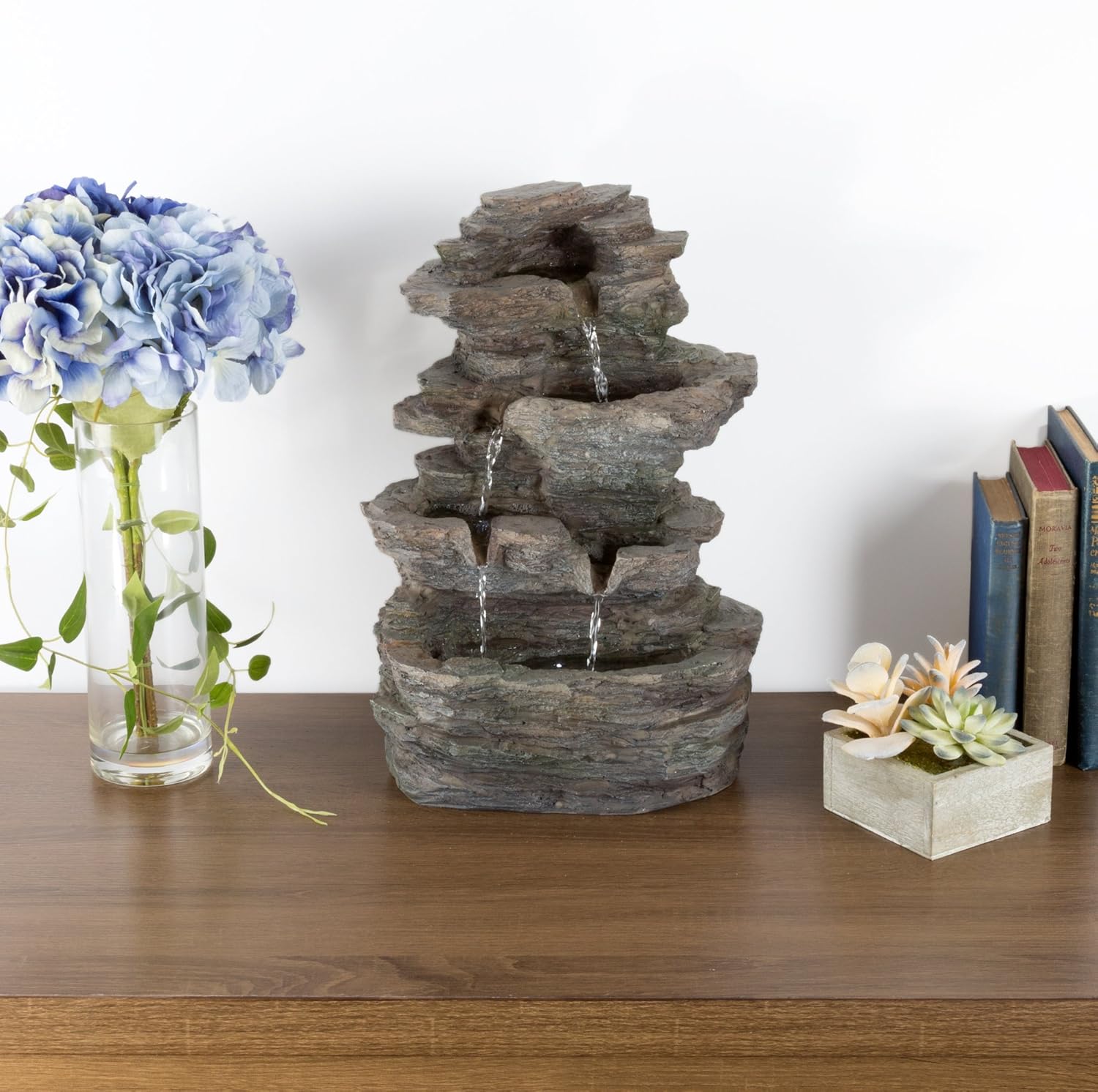 Indoor Fountains & Accessories - Tabletop Water Fountain with Cascading Rock Waterfall and LED Lights - Tiered Stone Table Fountain By Pure Garden (Office Patio and Home Décor) Gray