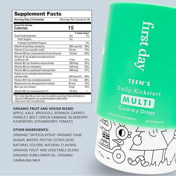 FIRST DAY TEENS DAILY KICKSTART MULTIVITAMIN GUMMIES FOR AGES 14+ – VITAMINS A, B1, B2, B6, E, B12, C, D3 & K2 + ZINC & FOLATE – MADE W/ORGANIC FRUITS & VEGGIES, ONLY 2G SUGAR – 30 DAY SUPPLY