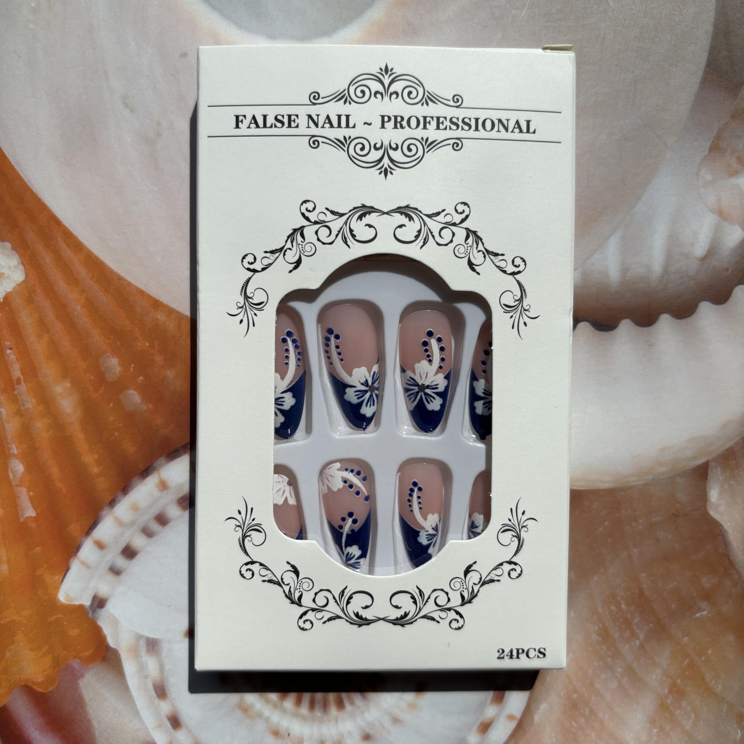 French Tip Press on Nails Nude Pink Fake Nails Almond False Nails with White Flowers Designs Blue Tip Glue on Nails Spring Summer Stick on Nails Full Cover Acrylic Nails Cute Artificial Nails - Image 5