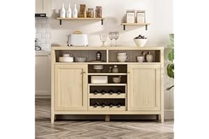 EYYTHUNG Wine Bar Cabinet with Doors, Farmhouse Sideboard Buffet Bar Storage Cabinets, Liquor Cabinet Bar for Dining Living Room Light Oak