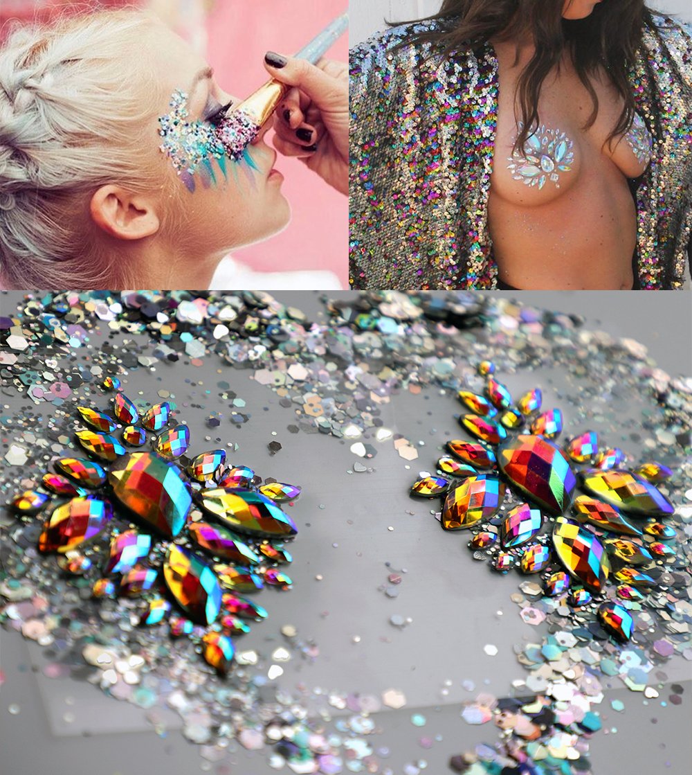 Festival Body Gems Breast Jewels Tattoo Crystals Glitter Rhinestone & 5g Silver Holographic Chunky Glitter For Face Body Nails Hair Body Glitter Festival Rave Party Accessories