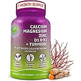 Plant-Based Calcium 500mg (Aquamin) – Vegan Calcium Magnesium Zinc D3 with Vitamin K2 & Organic Turmeric – Enhanced Bone and Muscle Health & Strength, Immune Support for Women & Men - 90 Count