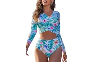 ATTRACO Long Sleeve Swimsuit Women Rashguard Swimsuit for Women Two Piece Rash Guard Crop Swim Tops