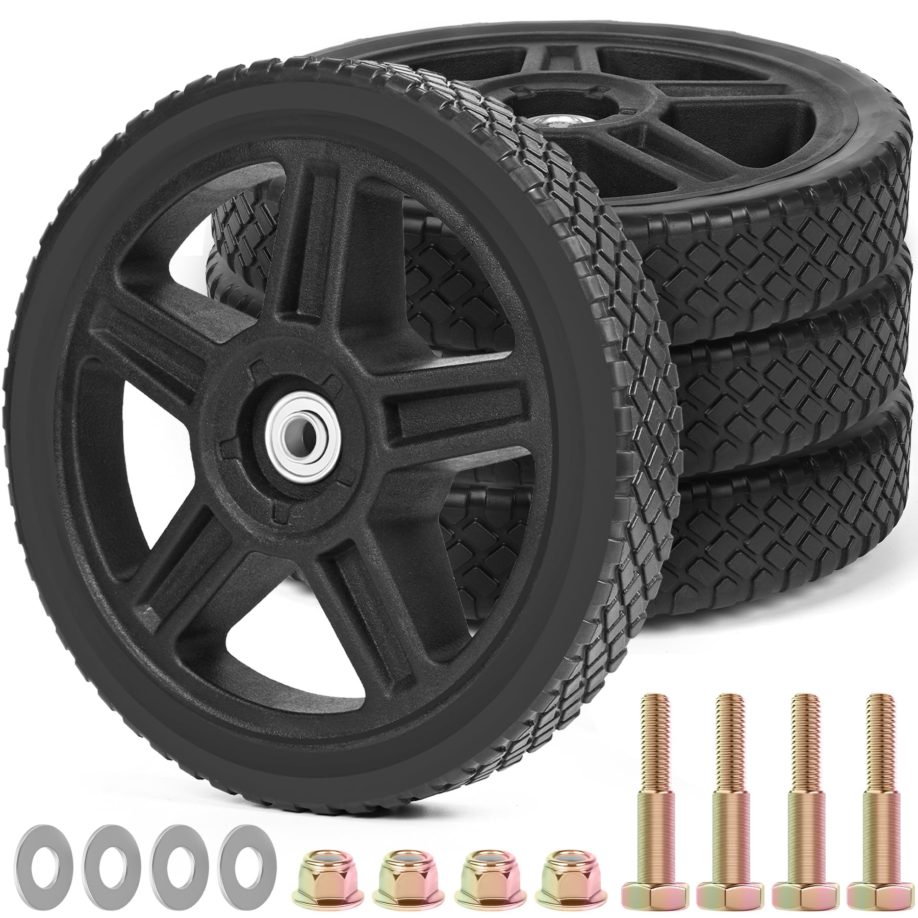 Photo 1 of 10 Inch Lawn Mower Wheels Kits Universal 10" Push Mower Wheels with 1/2" Bearing, Bolts & Nuts, Plastic Replacement Tires for Most Standard Garden Tiller, Pressure Washer, Handtruck, 4 Pack