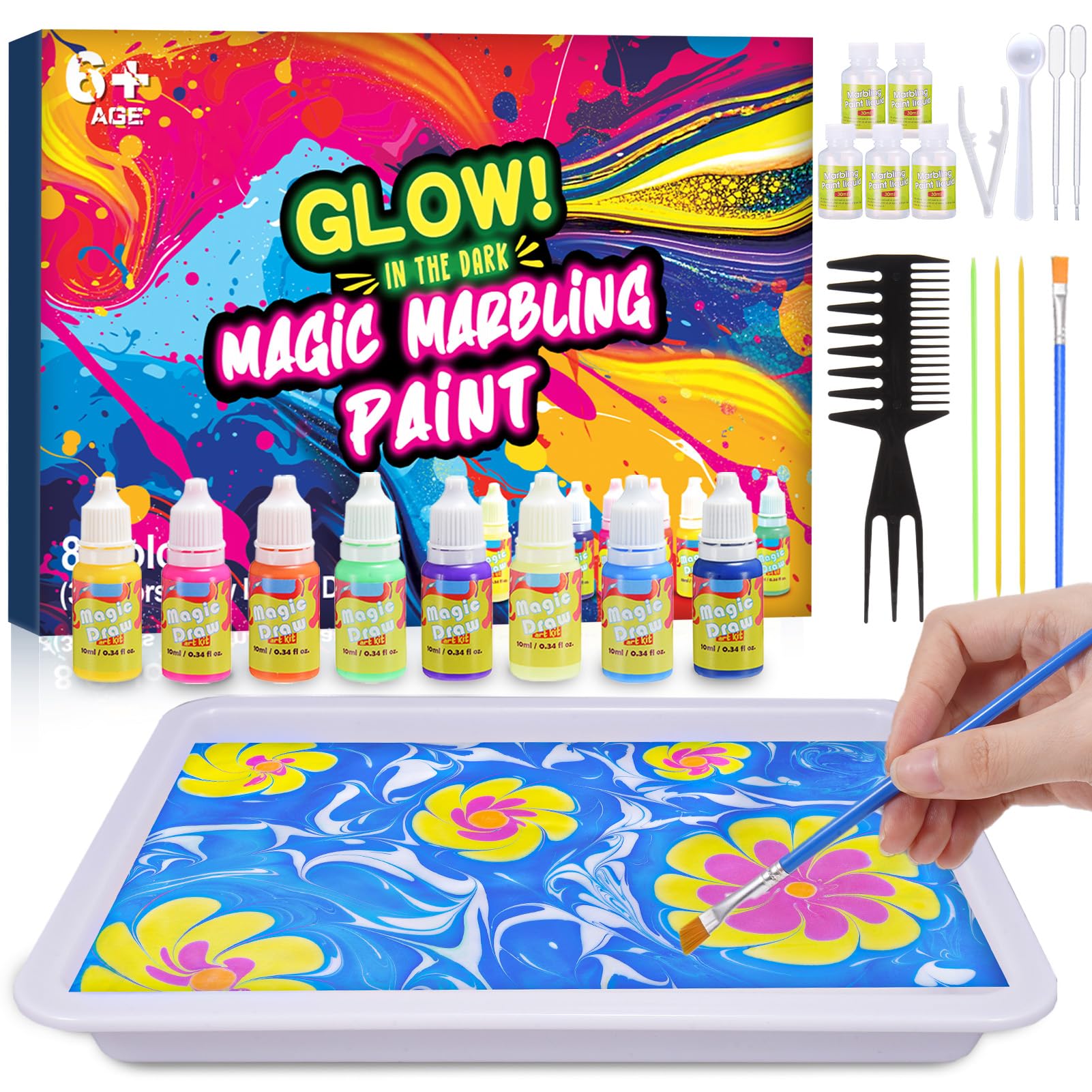 Hapikids Glow Water Marbling Paint for Kids, Arts and Crafts for Kids Age 6-12 Toys for 7-12 Year Old Girls Gift for 9 10 11 Year Olds Girls Boys Crafts for Kid Age 7-12 Birthday Easter Gift Ideas