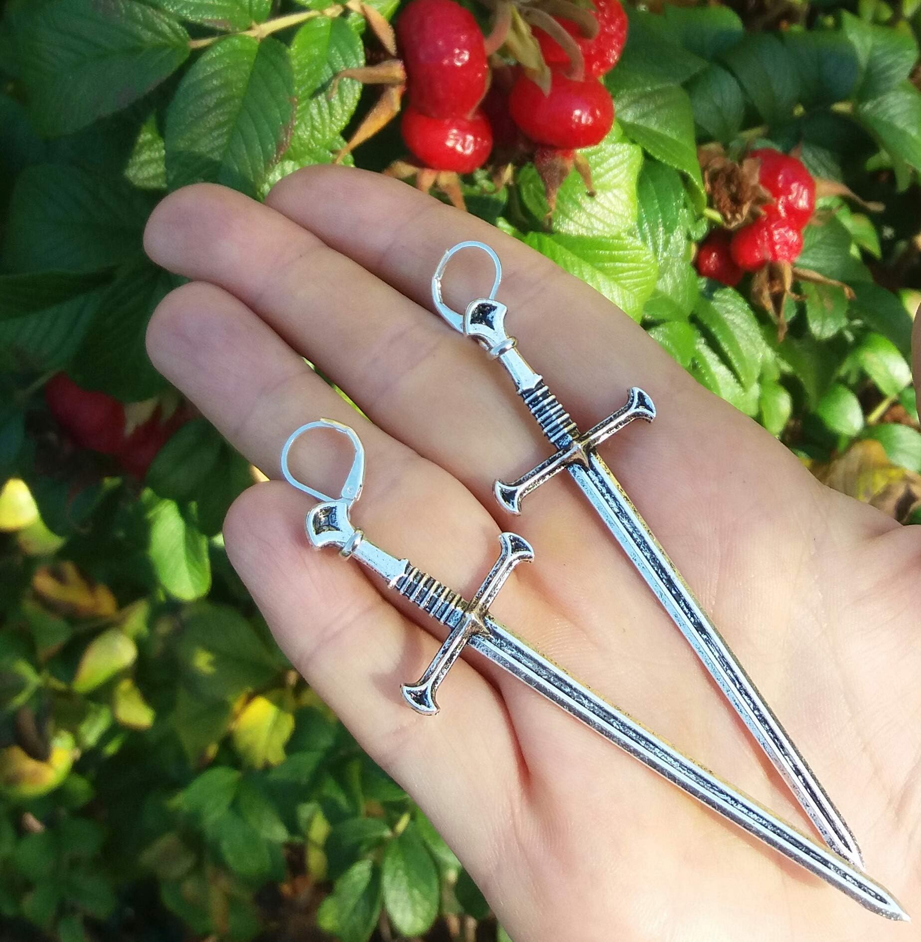 Large silver gothic sword earrings on leverback hooks - medieval goth - viking jewelry - witch - high fantasy