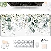 Desk Mat, Watercolor Eucalyptus Leaves and Peony Large Extended Gaming Mouse Pad,Waterproof Non-Slip Rubber Base and Stitched Edges Desk Pad for Work Game Office Home 35.4x15.7in