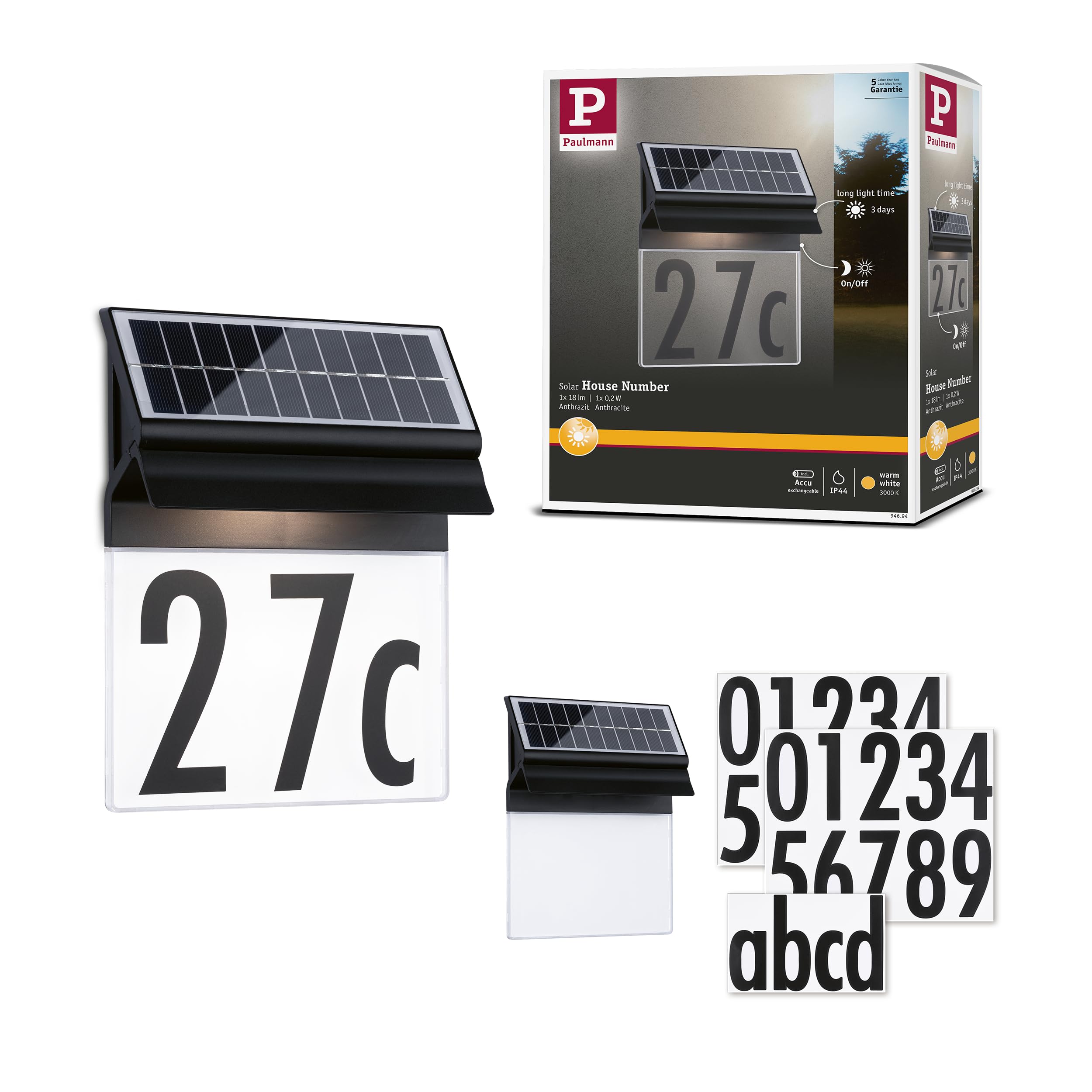 Paulmann 94694 Solar LED Outdoor luminaire House Number luminaire Neda IP44 3000K 14lm Black