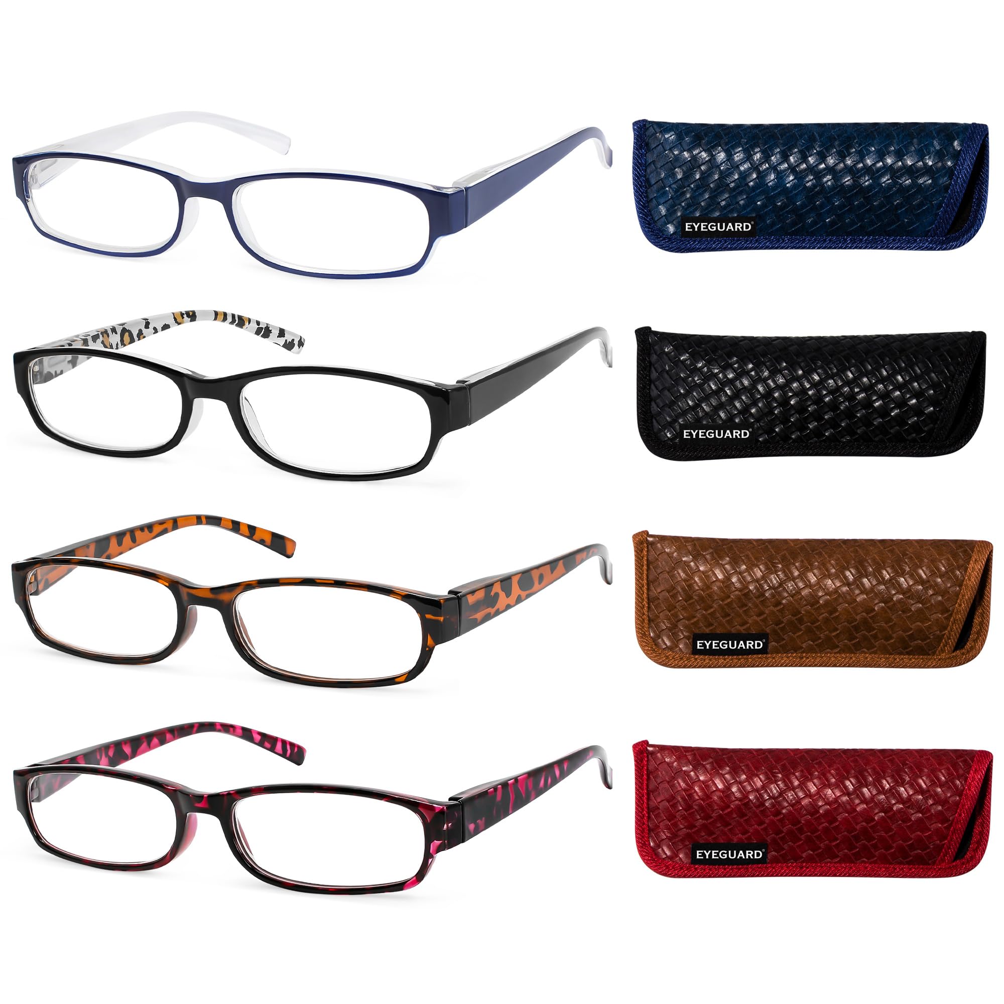 EYEGUARD Rectangular Reading Glasses Women, 4 Pack Fashion and Lightweight Quality Readers with Spring Hinges, +1.00