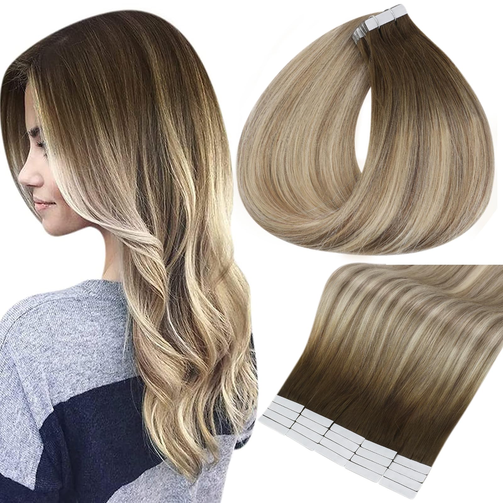 Photo 1 of Full Shine Tape in Hair Extensions Human Hair 16Inch Remy Tape in Extensions 20Pcs 50G Seamless Tape Hair Extensions Real Human Hair Dark Roots Color 3/8/22 Brown and Blonde Highlights for Wedding