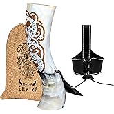 NORSE EMPIRE Viking Ox Horn – 16oz, 100% Authentic, Hand Engraved Runic Dragon with Pyrography Medieval-Style Horn for Cold Beverages, Food-Grade Gift for Men & Women, Perfect for Mead & Beer Cup…