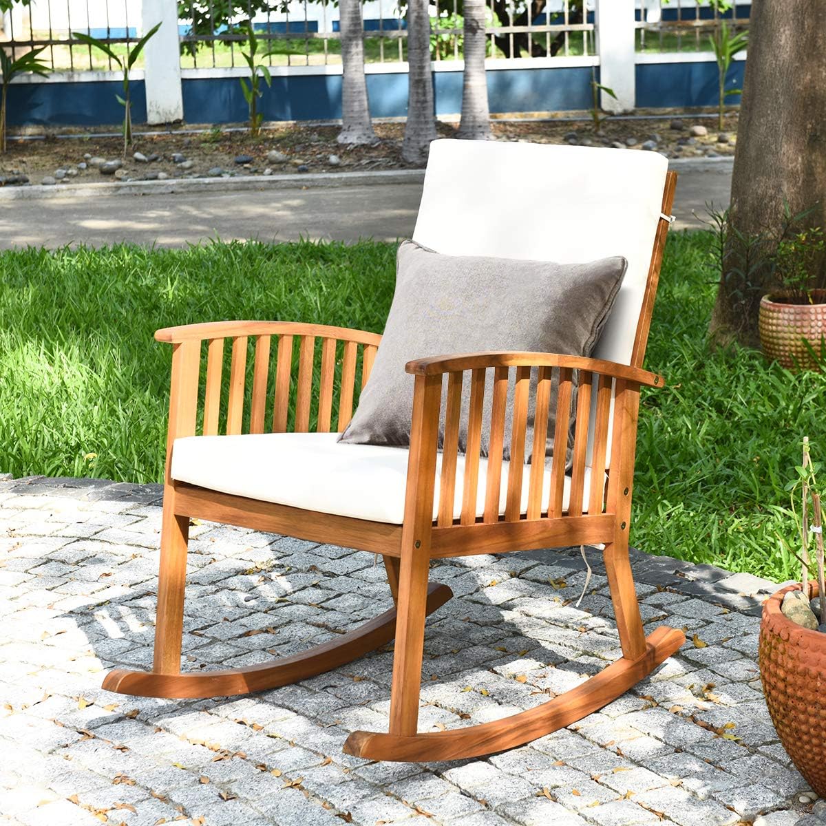 Tangkula Outdoor Acacia Wood Rocking Chair, Wooden Rocker w/Detachable Washable Cushions, Rocker for Porch Garden Patio Balcony Pool Indoor (1, Teak) : Garden & Outdoor