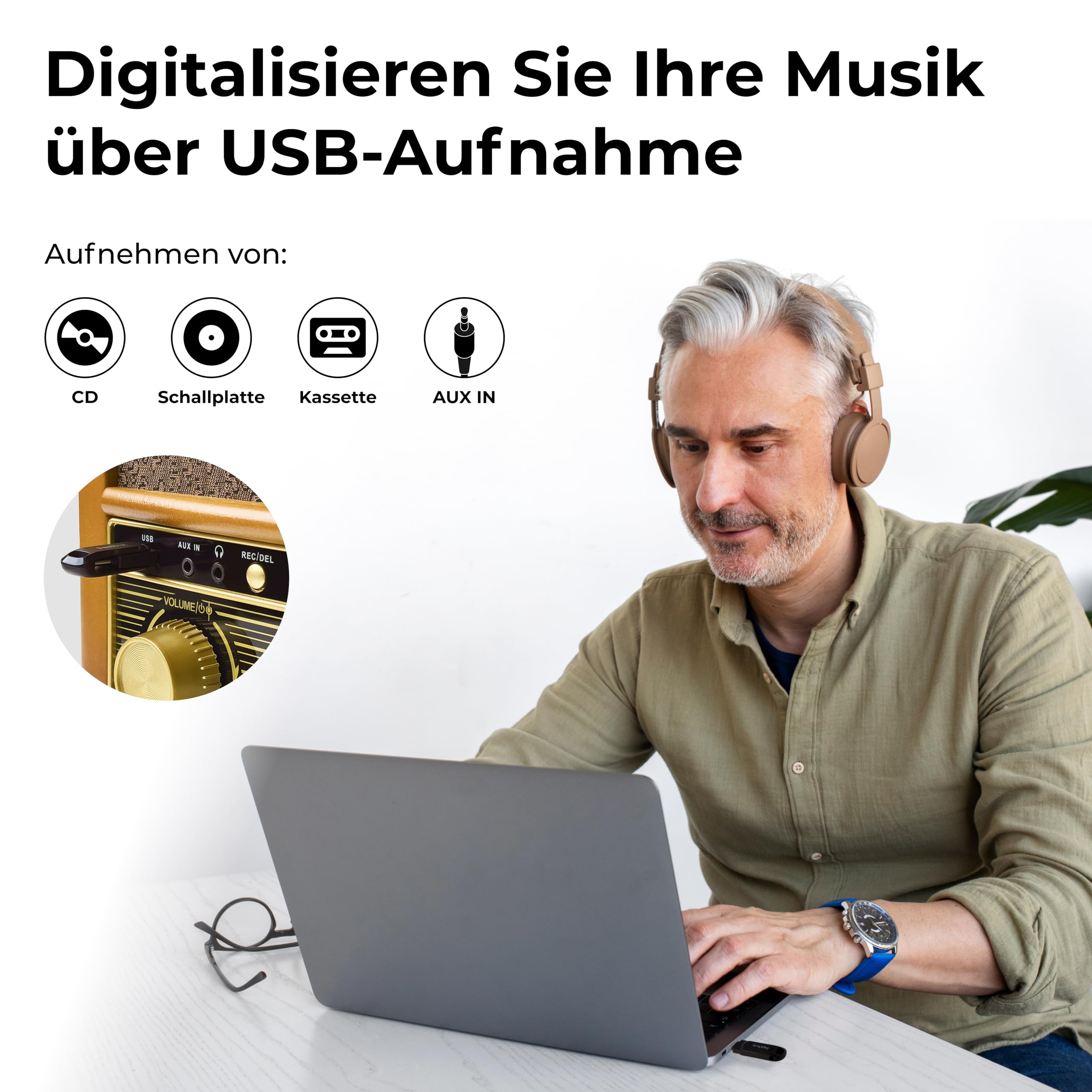 Denver MCR-50 Retro Musikanlage mit Plattenspieler mit Lautsprecher, Braun - Schallplattenspieler mit USB, Kassette & CD Support 6