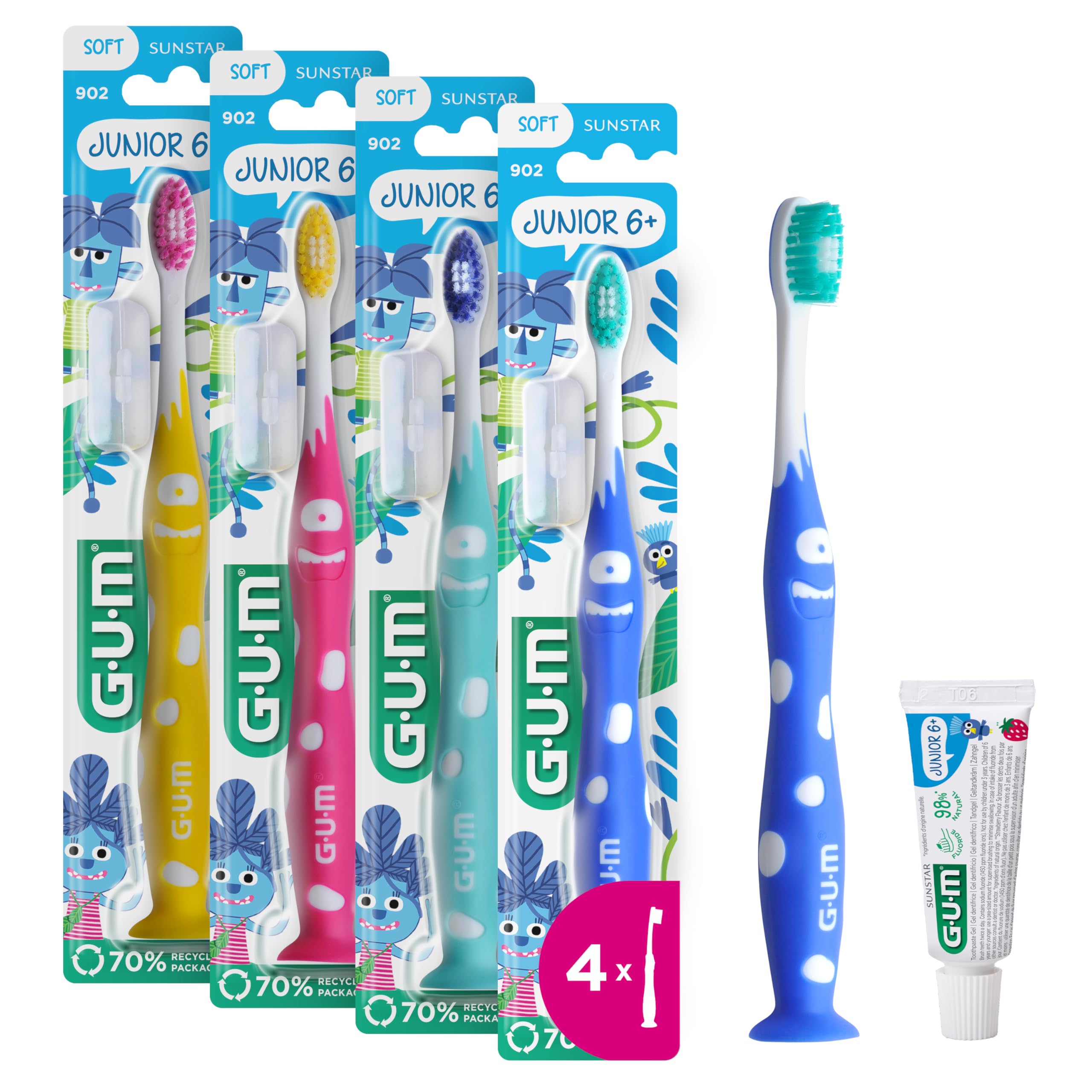 GUM Junior Manual Toothbrush | for Children Aged 6+ | Cushioned Head | Soft bristles | Non-Slip Grip Handle | Free-Standing Design | 1 piece | 4 x 1 Pieces (with 1 Bonus Sample)