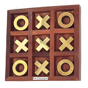 Desi Karigar Brass Wood Noughts and Crosses Tic Tac Toe Toy Game for Kids (Brown)