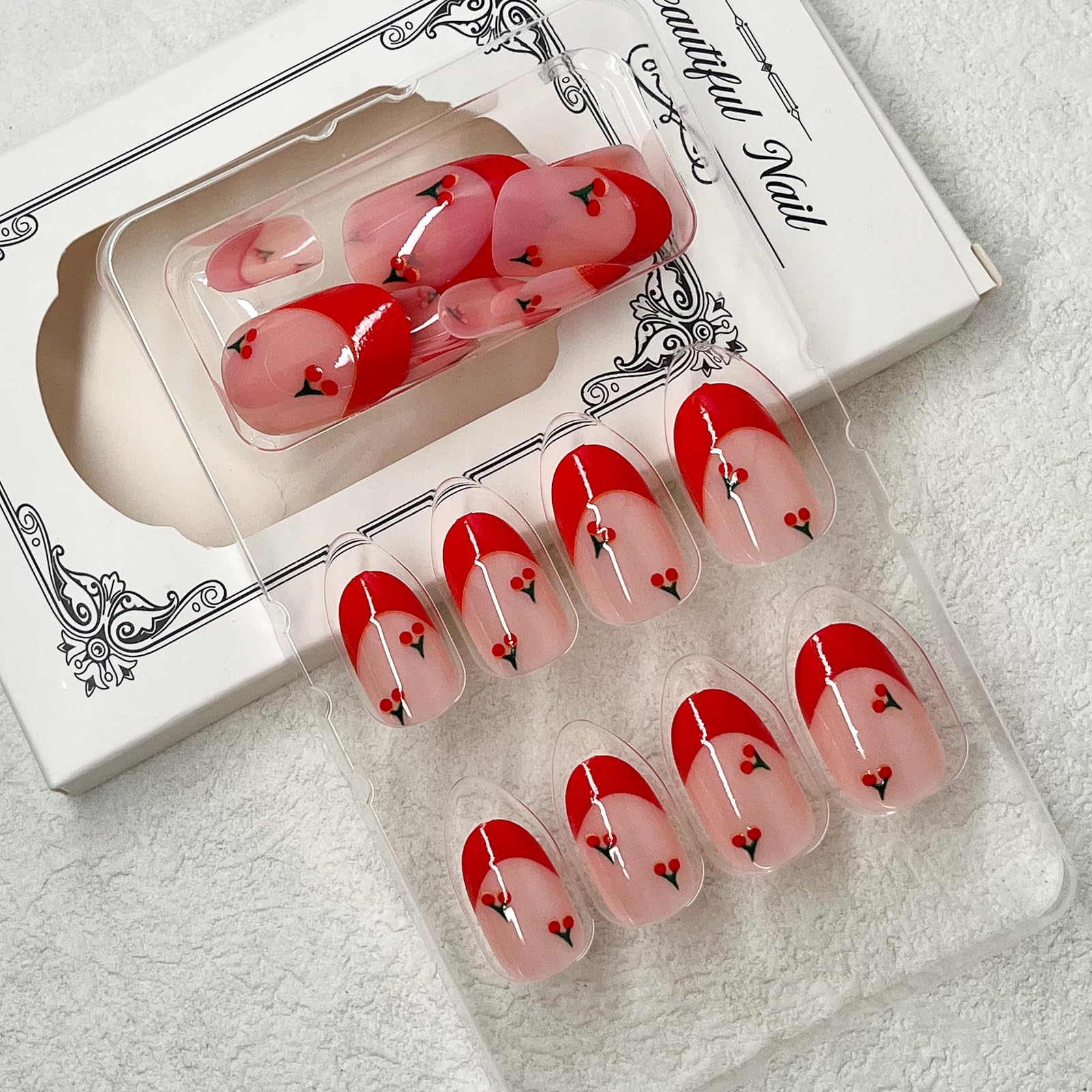 ROFIBUT Red French Tip Press on Nails Almond Short Fake Nails Cute Nude Pink Full Cover Glue on Nails with Red Cherry Glossy Artificial Stick on Nails Reusable Acrylic False Nail for Women Girls 24Pcs - Image 5